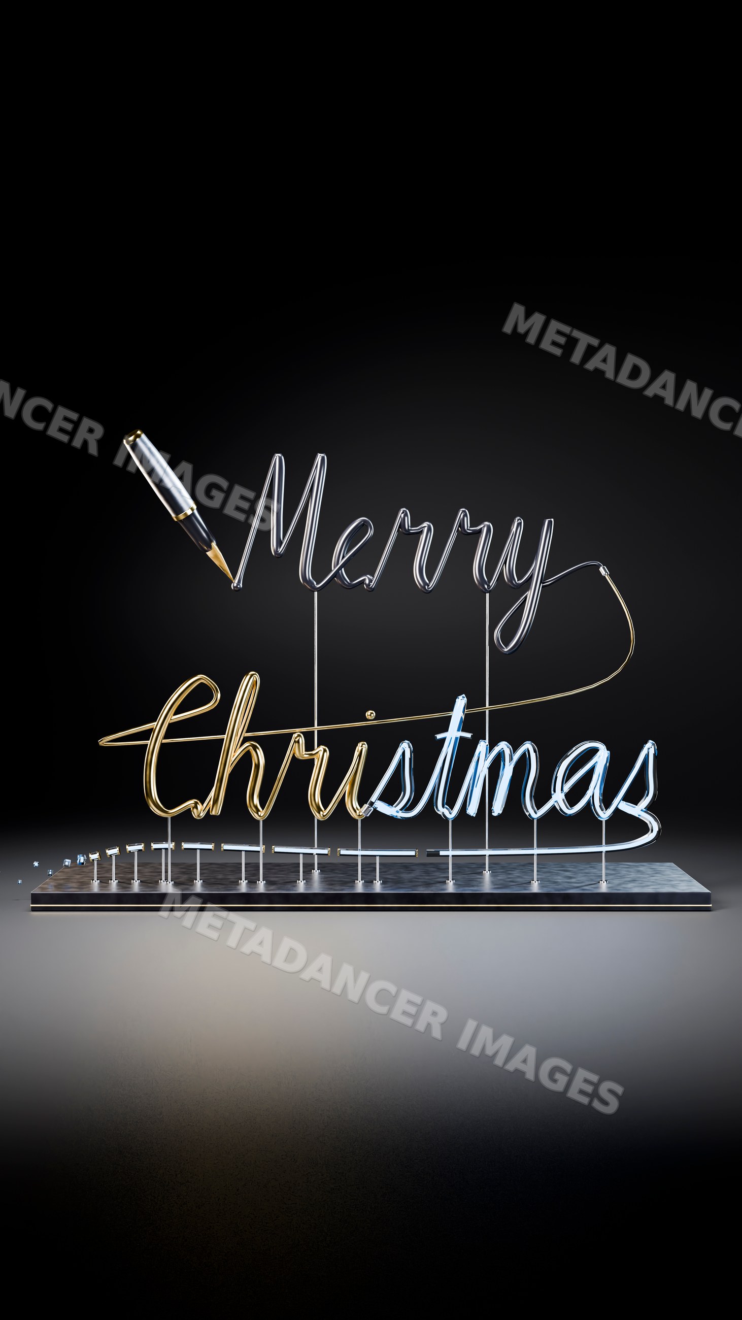 Wire sculpture spelling merry christmas with calligraphy pen