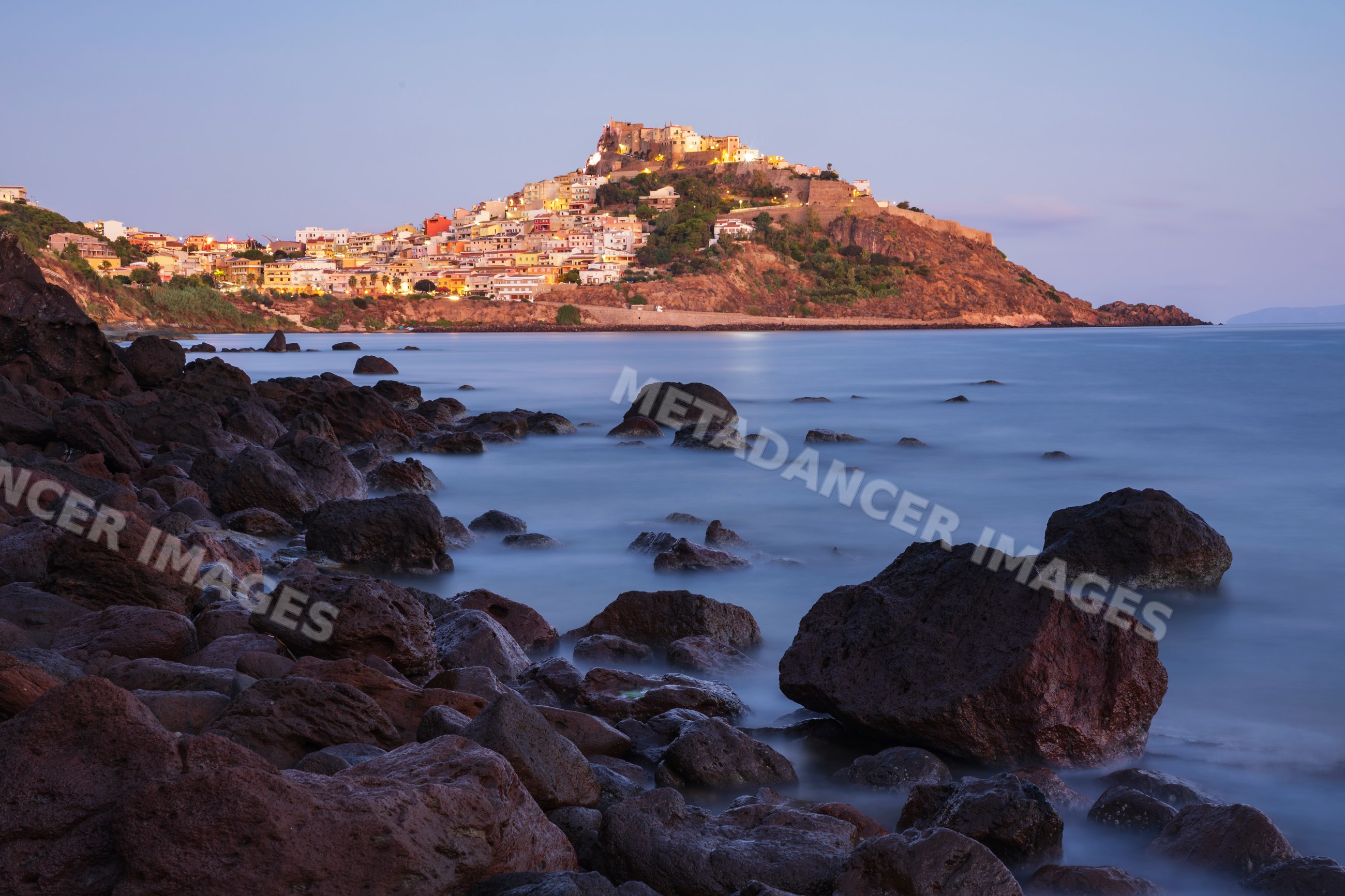 Castelsardo seaside town at Dawn with hilltop castle