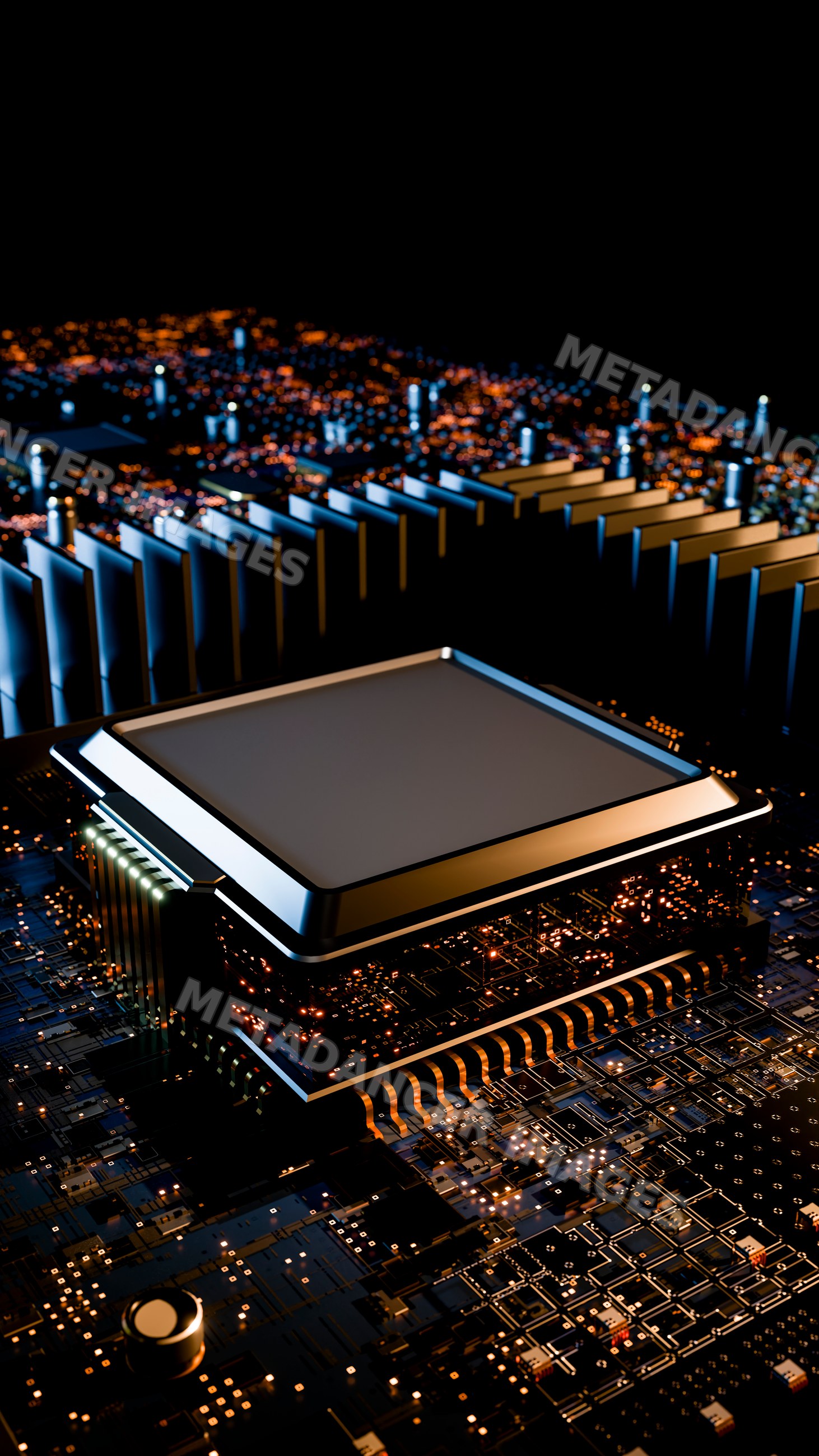 Computer microchip on circuit board with illuminated digital