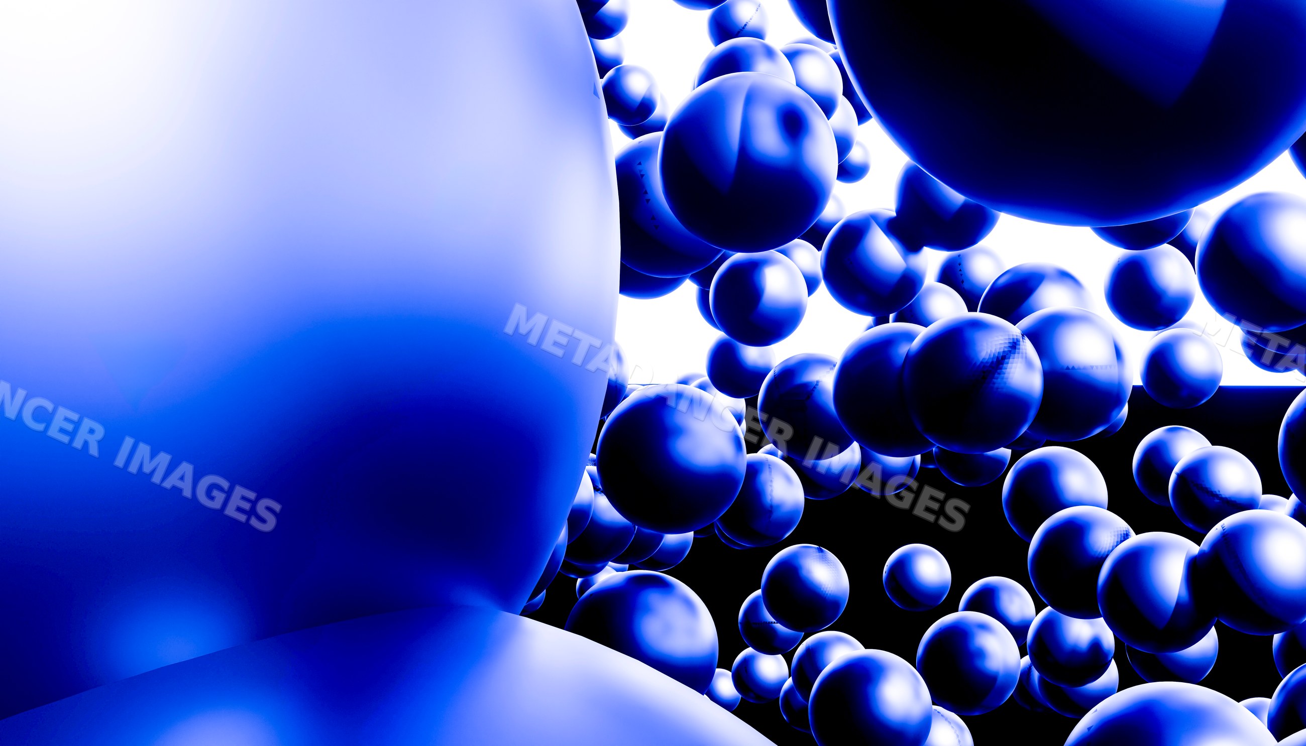 A digital composition of shiny blue spheres floating in a cluster