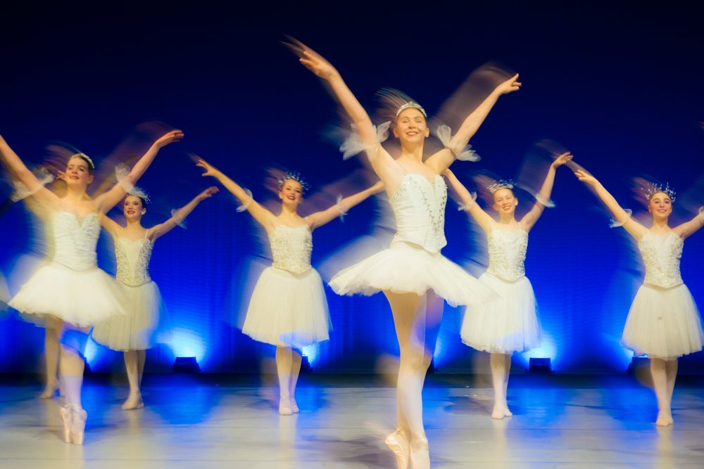 Ballet dancers perform a classical holiday ballet on stage