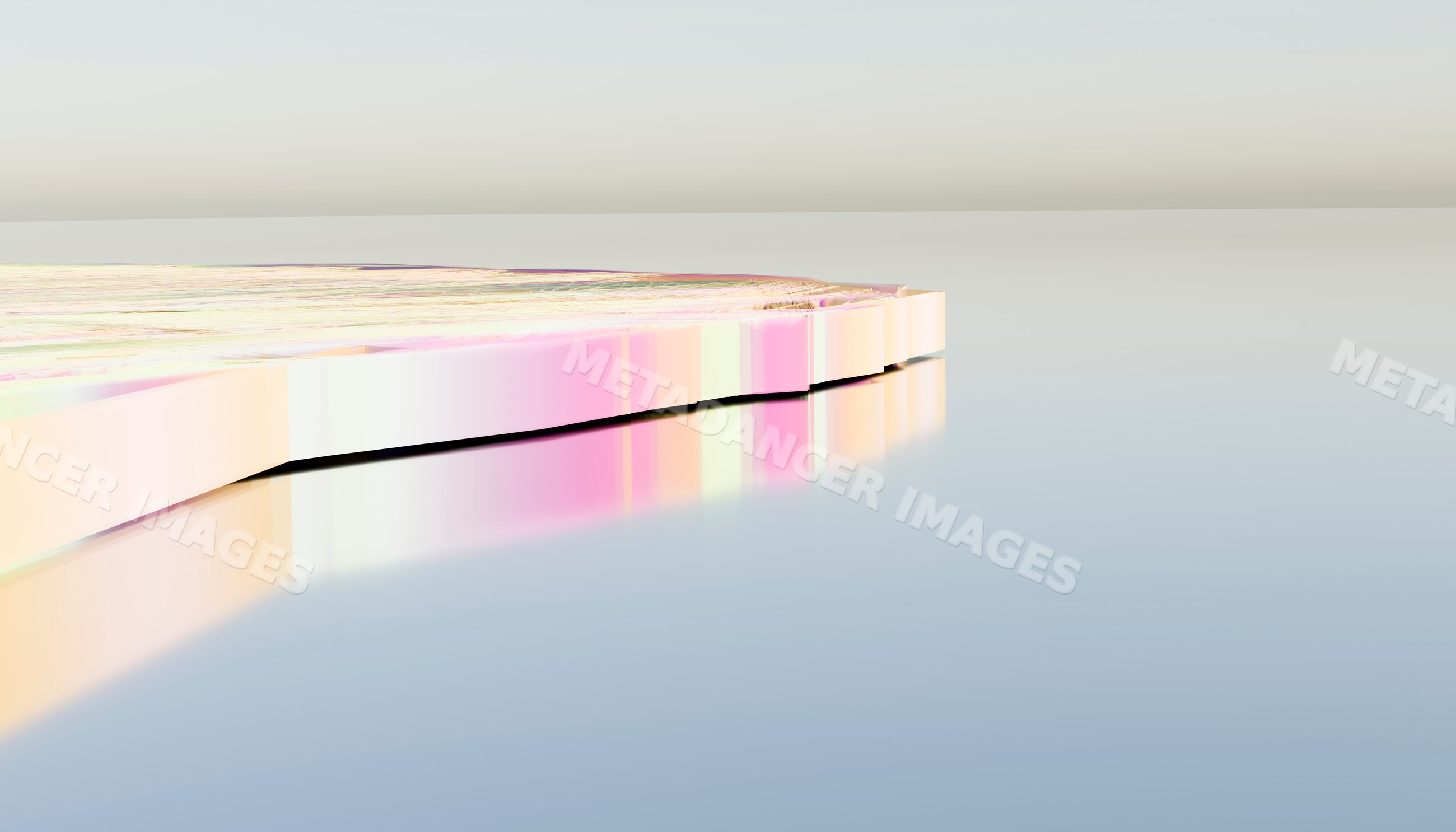 An abstract minimalist landscape with pastel reflections on calm water