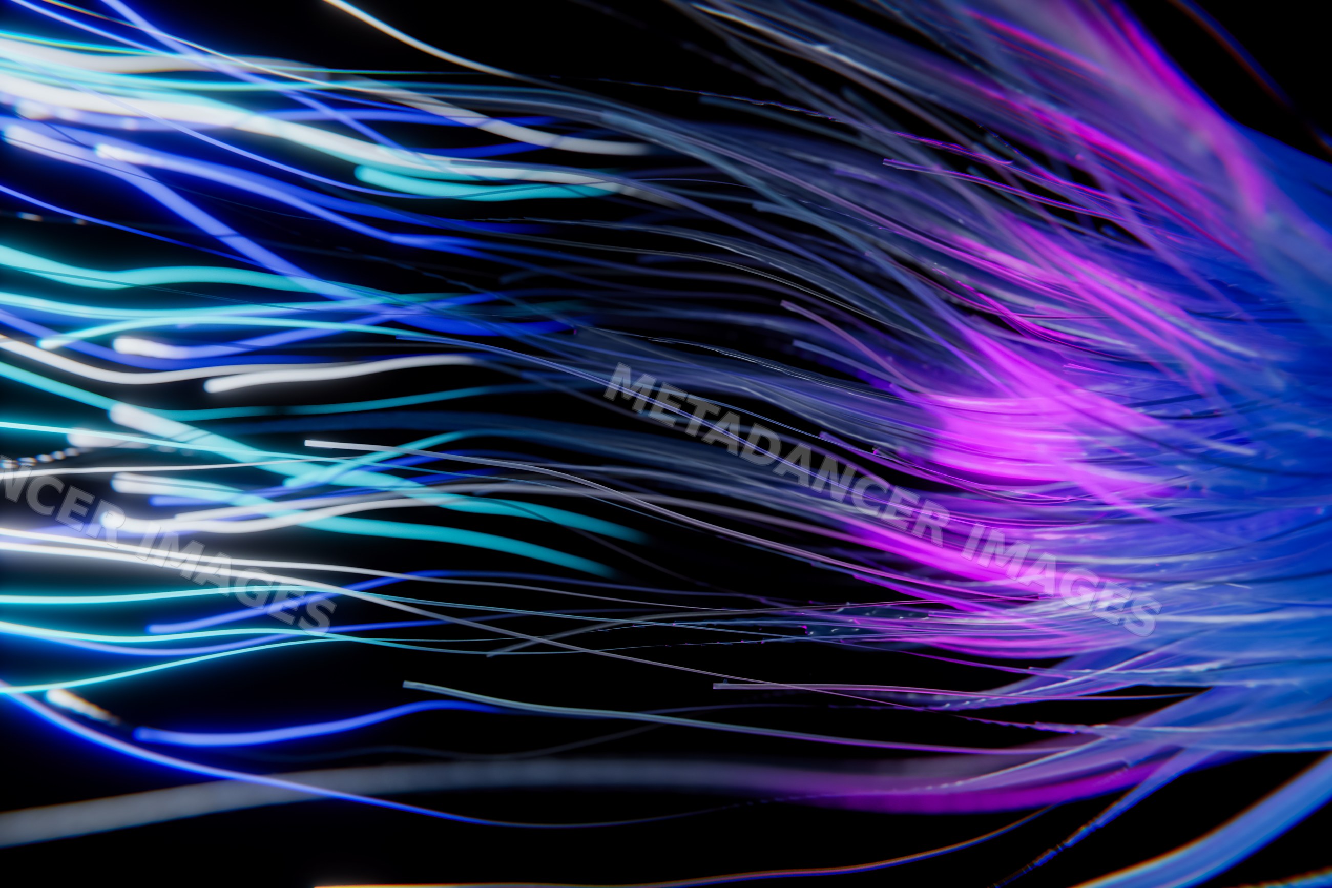 Abstract render of fiber optic strands glowing with blue and purple