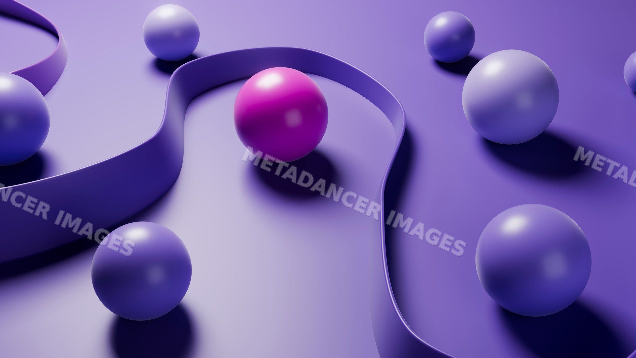 Digital illustration of shiny purple and pink spheres with curved