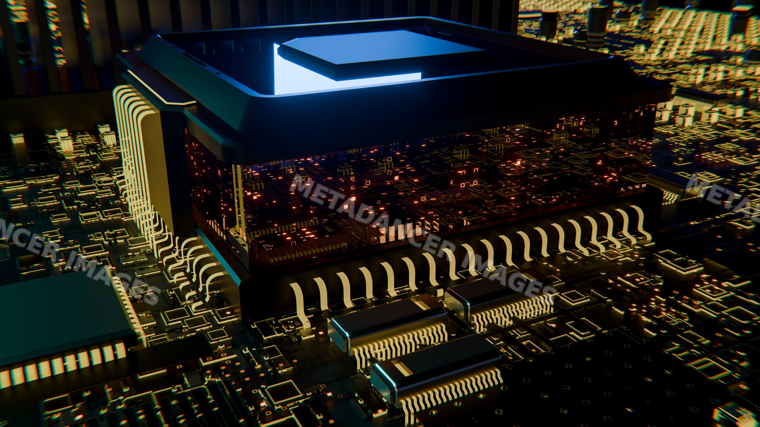 3d rendered microprocessor on printed circuit board with glowing