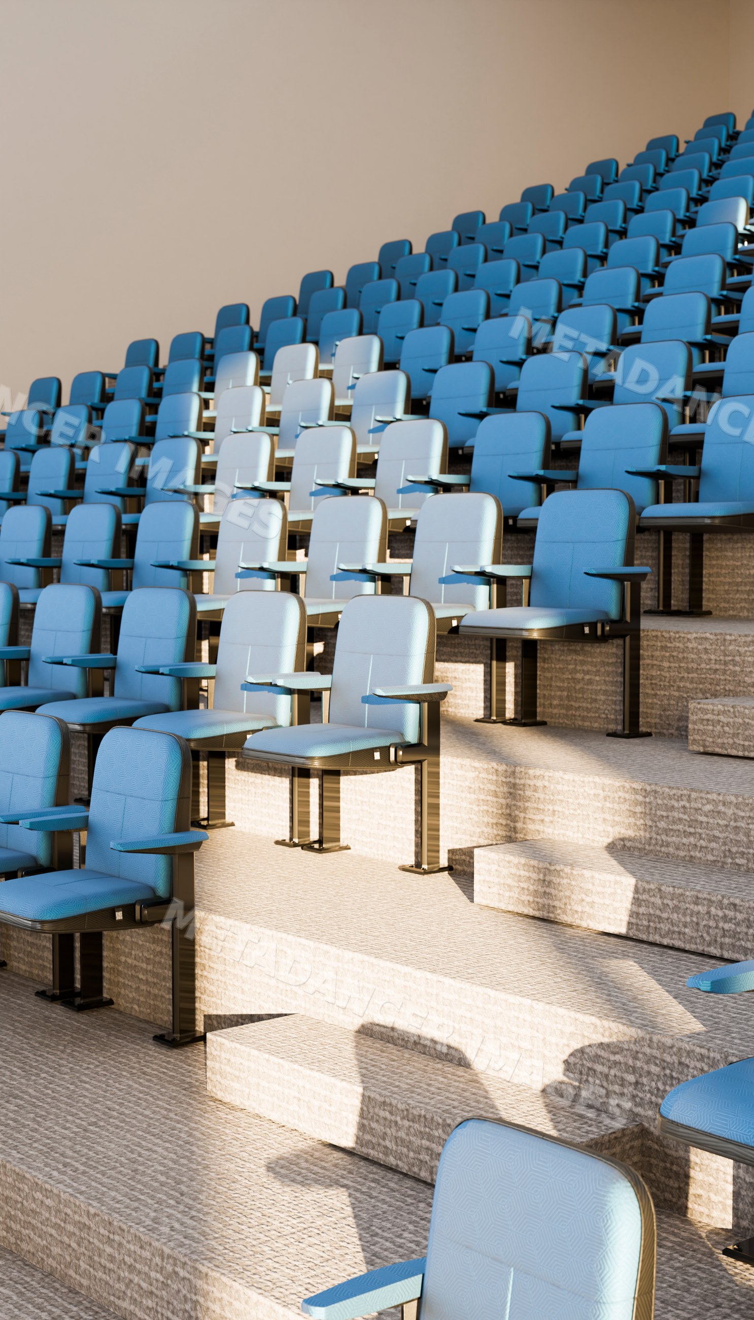 Lecture hall with tiered blue chairs and built-in desks