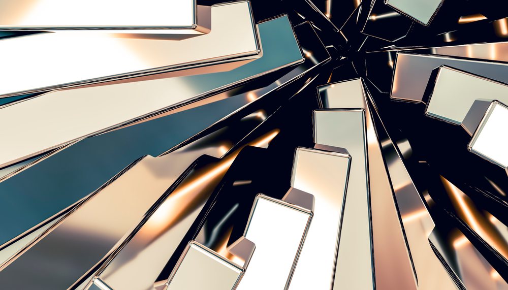 Abstract metallic geometric shapes with reflective surfaces