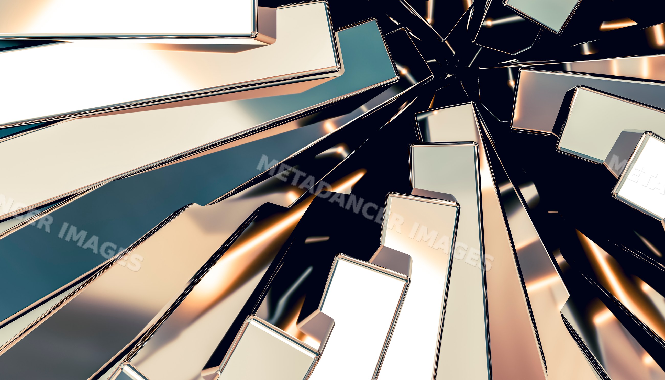 Abstract metallic geometric shapes with reflective surfaces