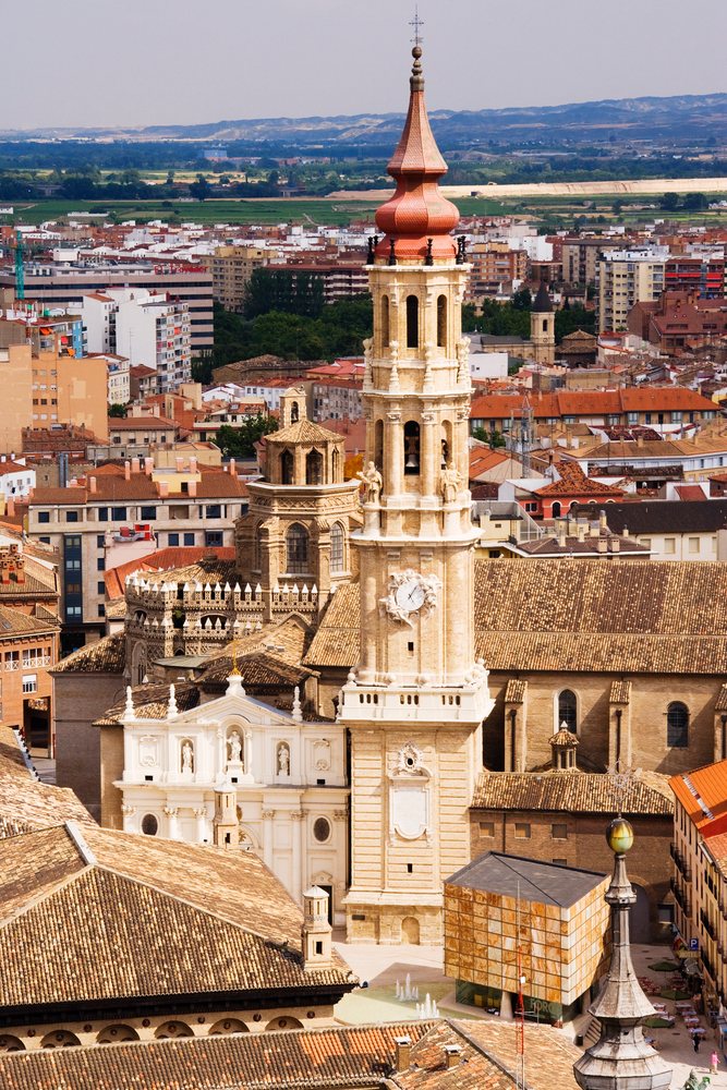 Basilica of our lady of the pillar tower with cityscape, Spain