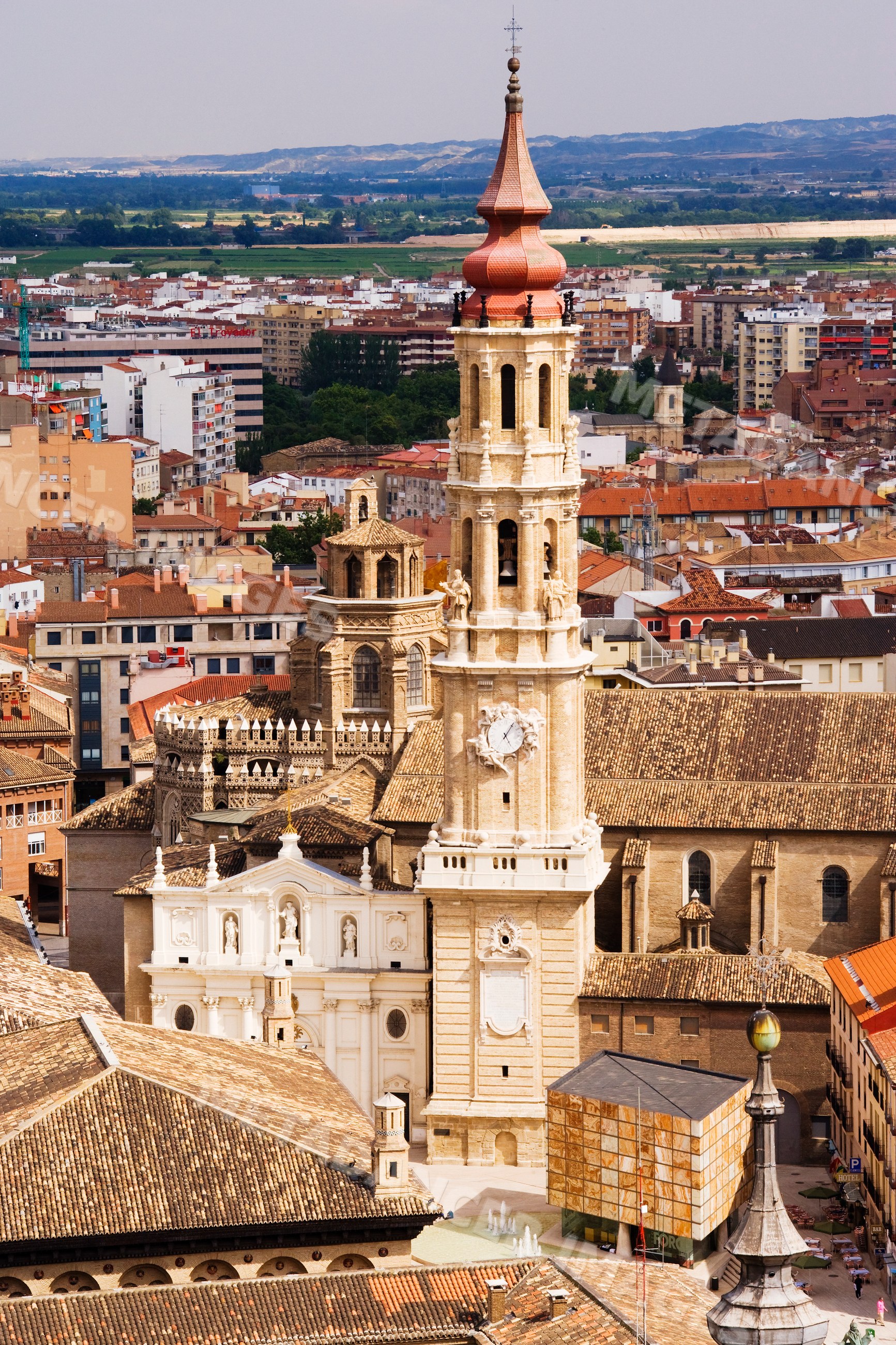 Basilica of our lady of the pillar tower with cityscape, Spain
