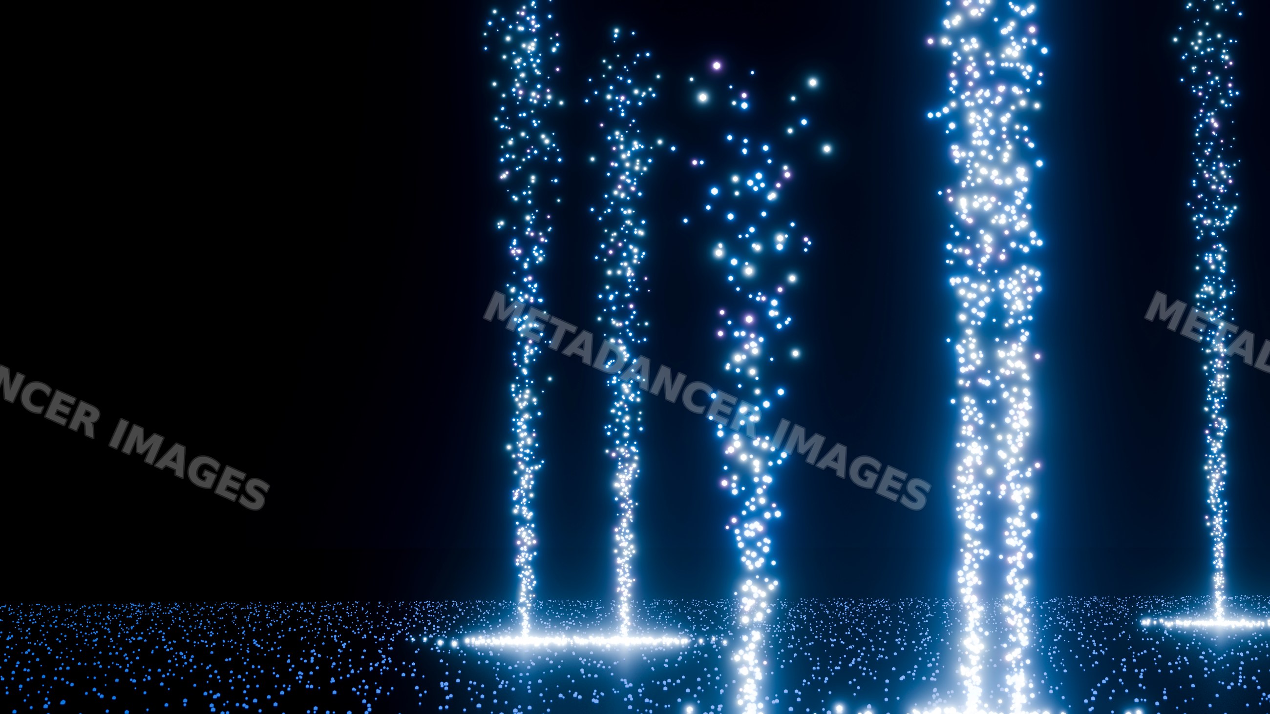 Digital art of glowing blue light pillars in a dark abstract scene