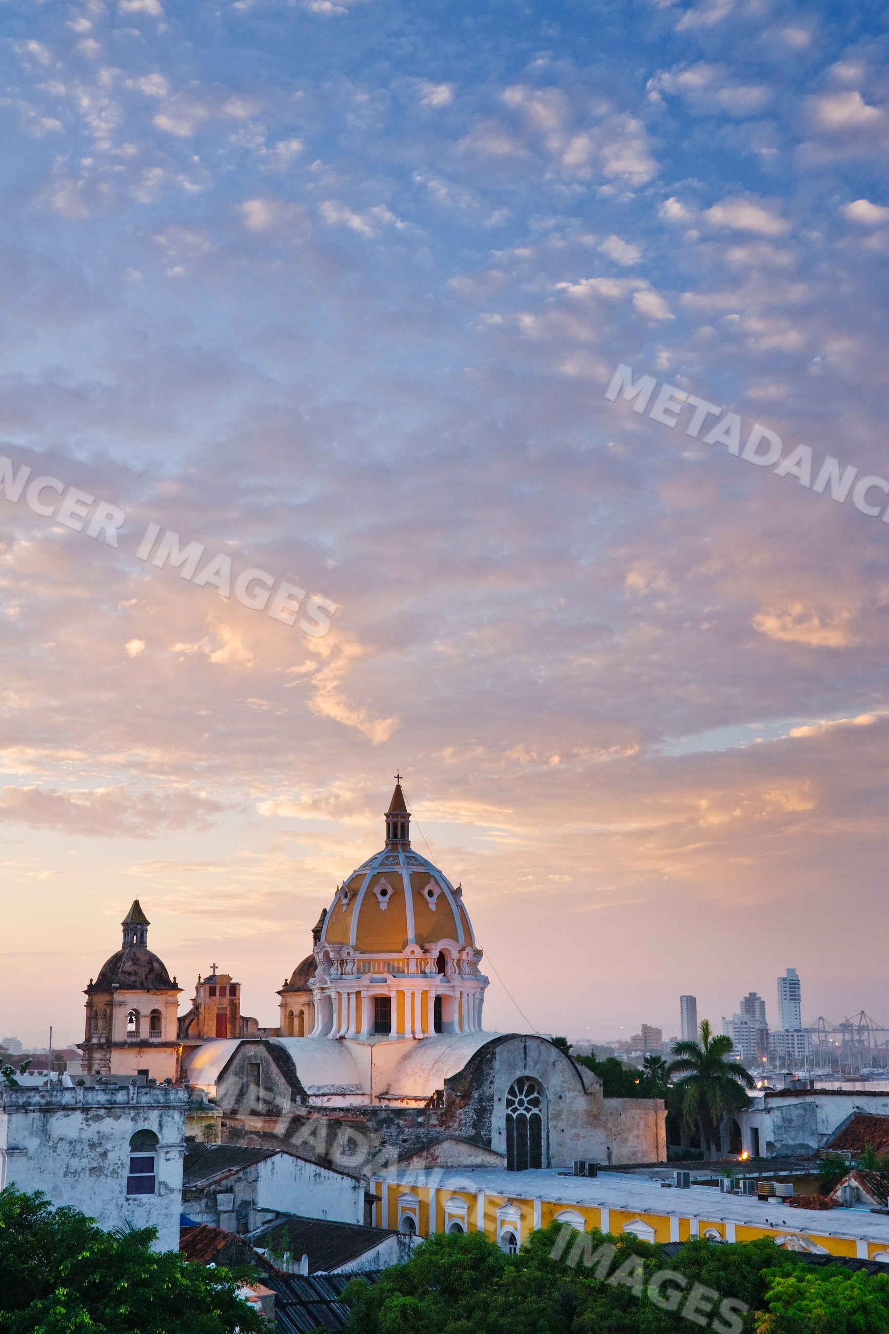 Iglesia de san pedro claver church dome at sunset, colombia