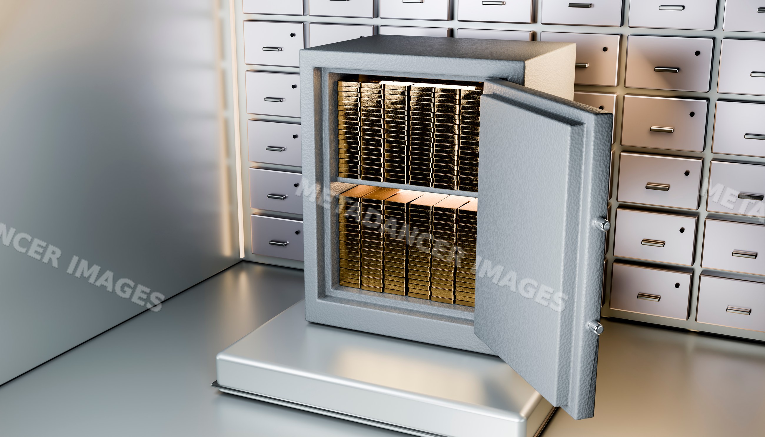 Open safe filled with gold bars inside vault room