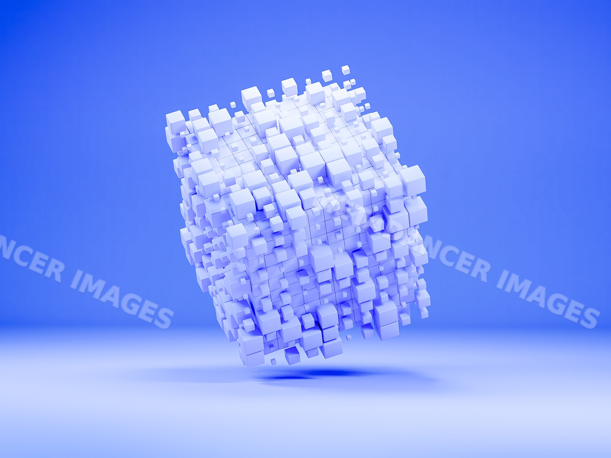 A 3d abstract white cube made of smaller cubes floating on blue