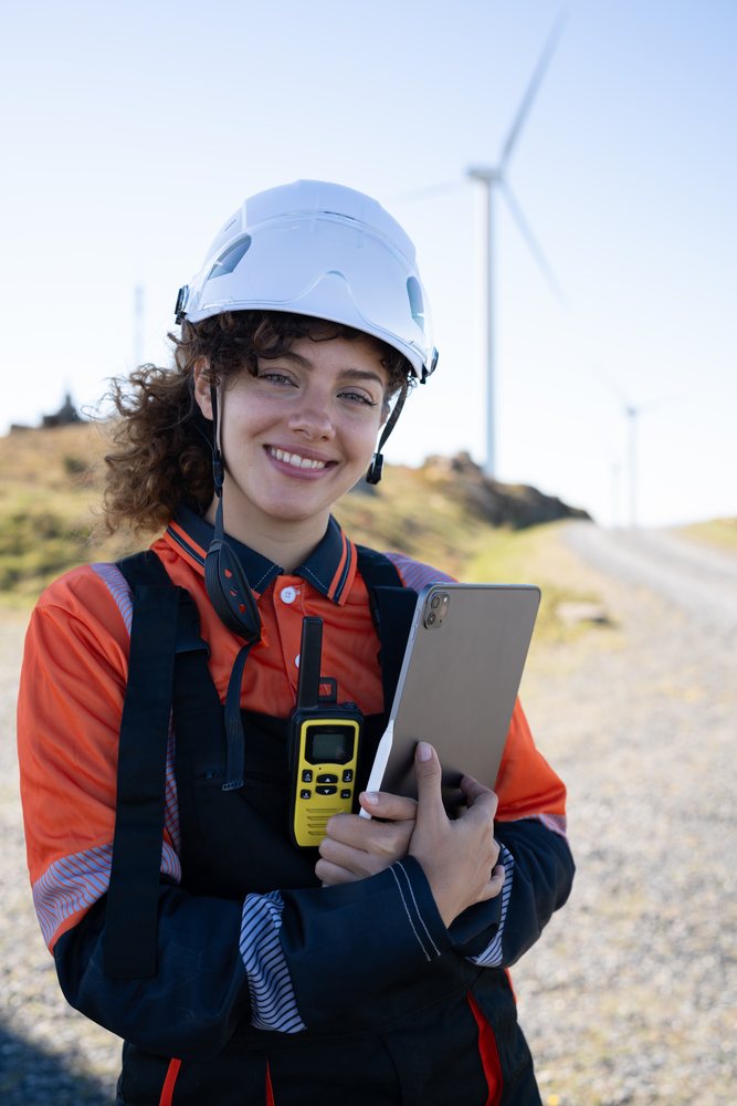 White woman engineer working at a wind farm in Galicia Spain