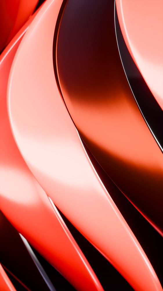 Abstract red curved metallic shapes with smooth glossy surfaces
