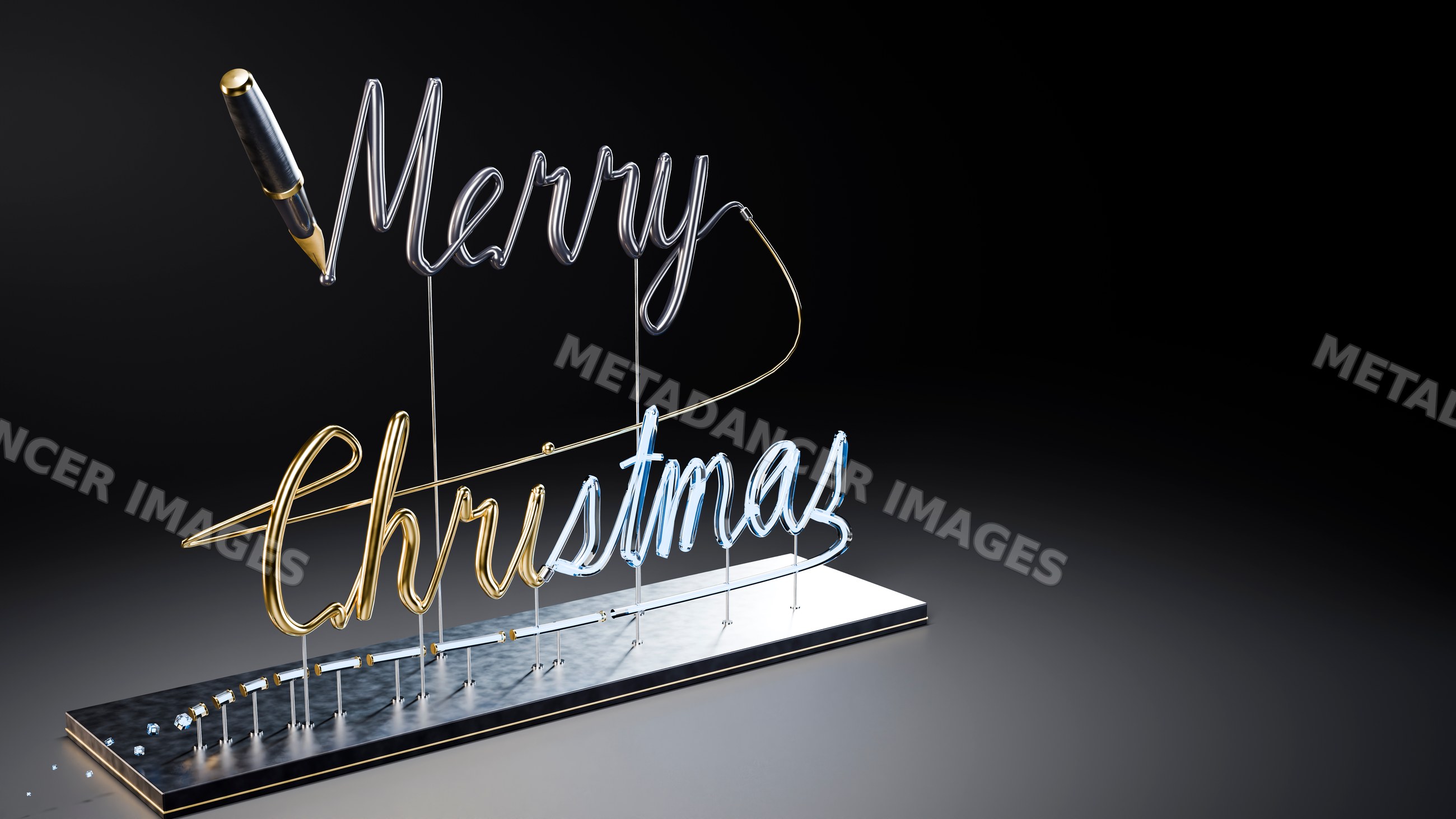 Neon merry christmas light sculpture on metal base