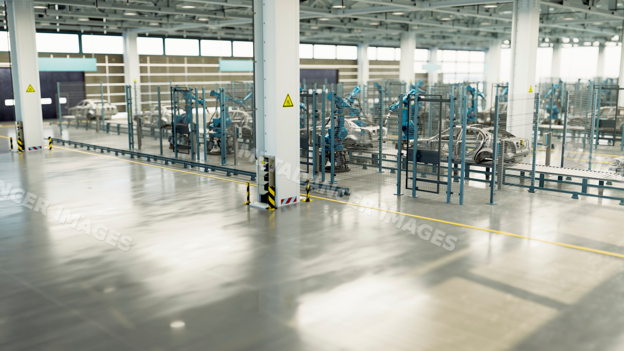 Car assembly line with robotic arms in manufacturing factory