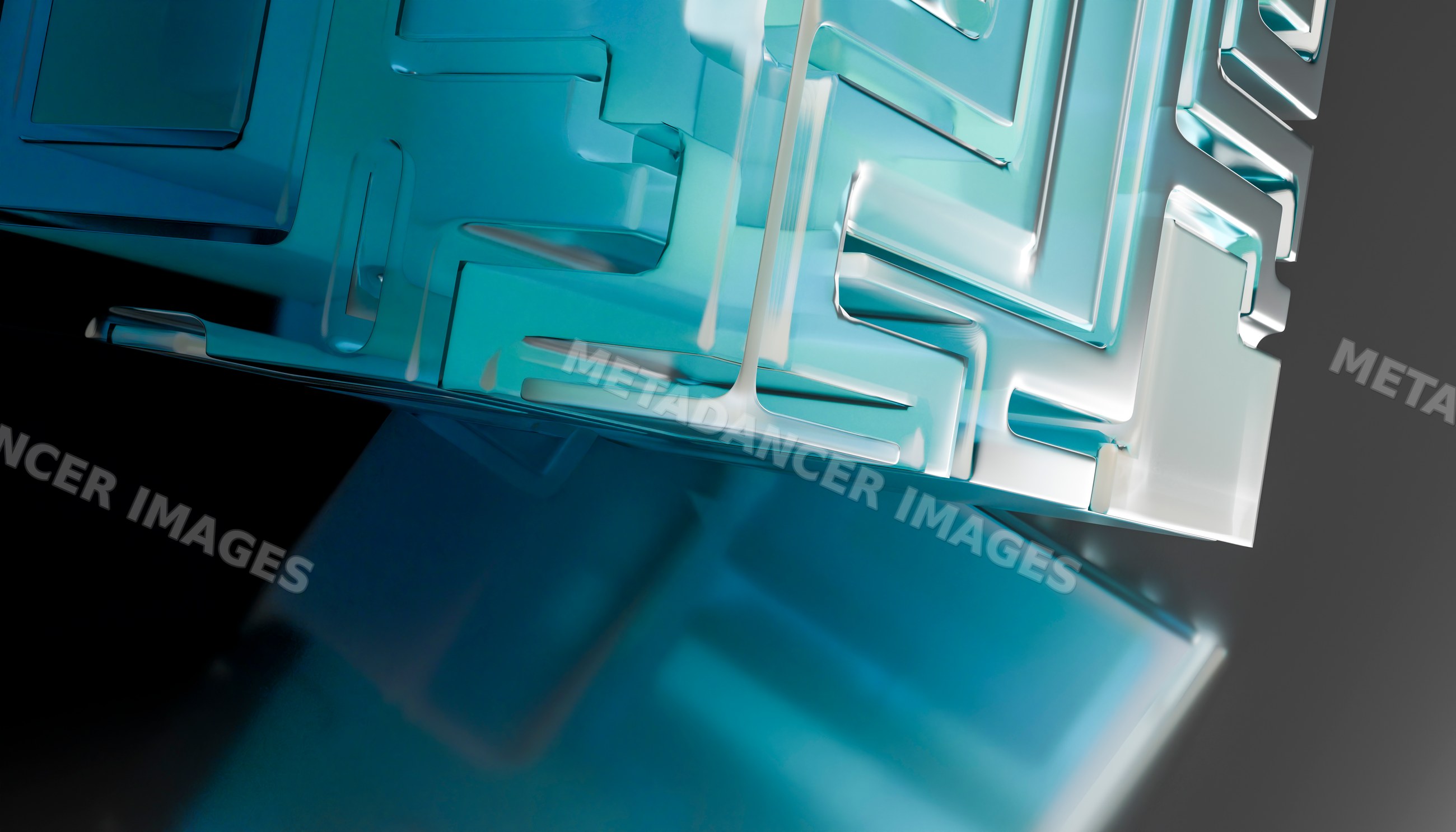 Close-up of a geometric blue glass cube with maze-like pattern