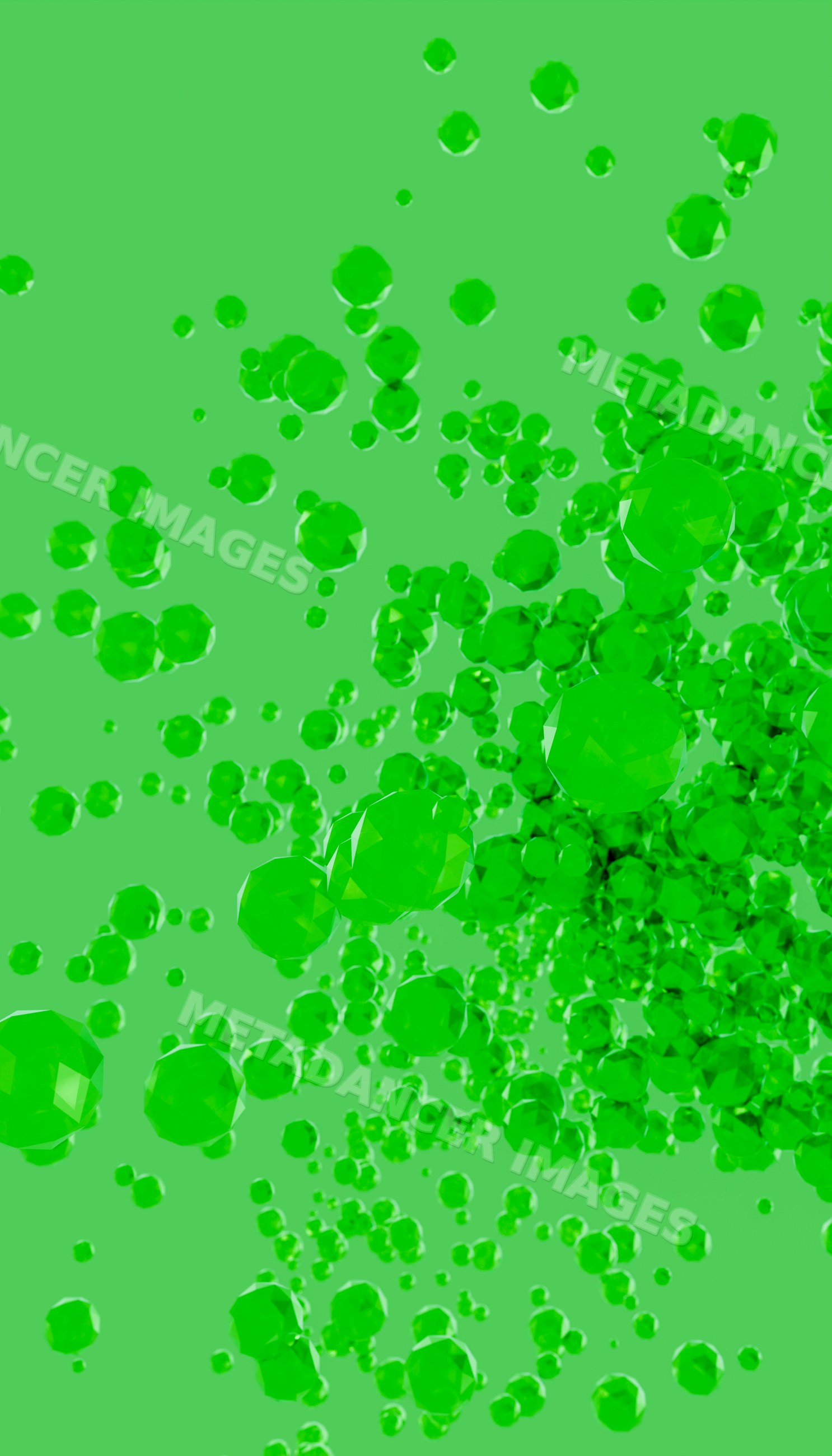 Cluster of floating green faceted crystals and gemstones
