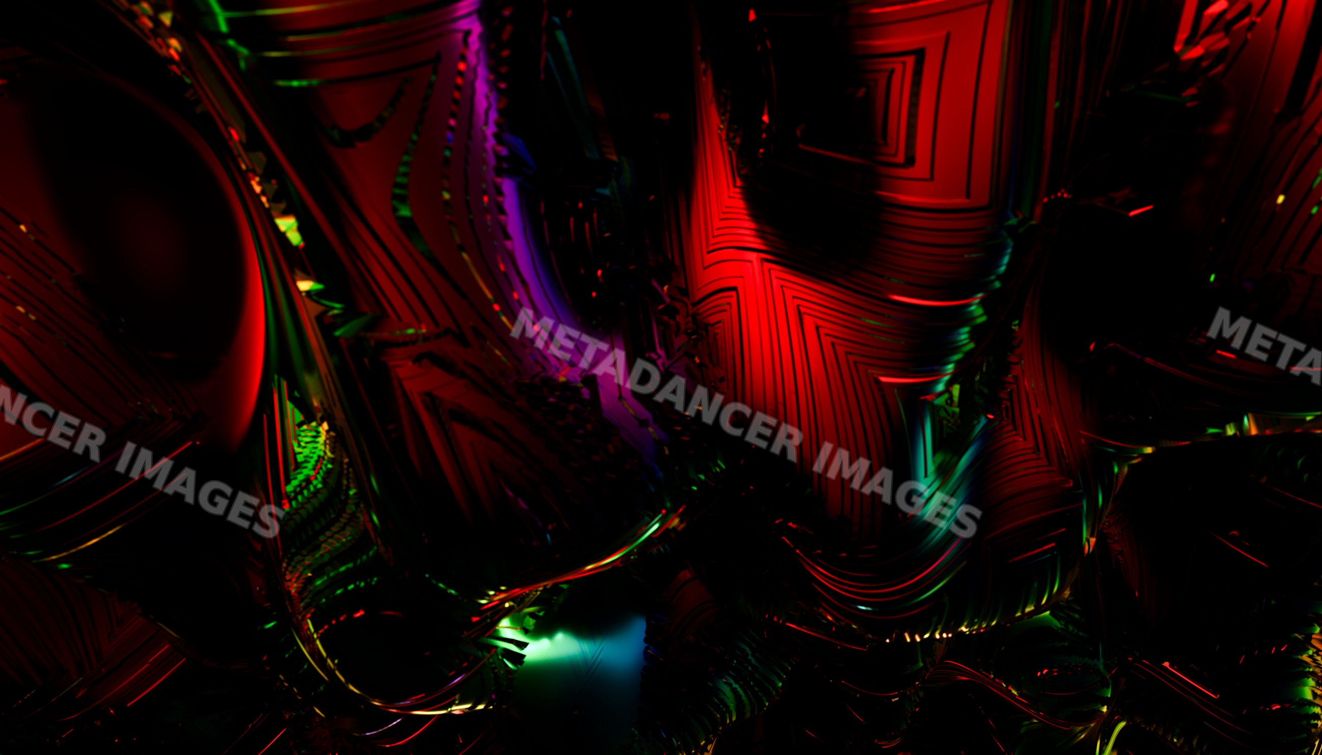 Abstract digital art with dark reflective surfaces and colorful