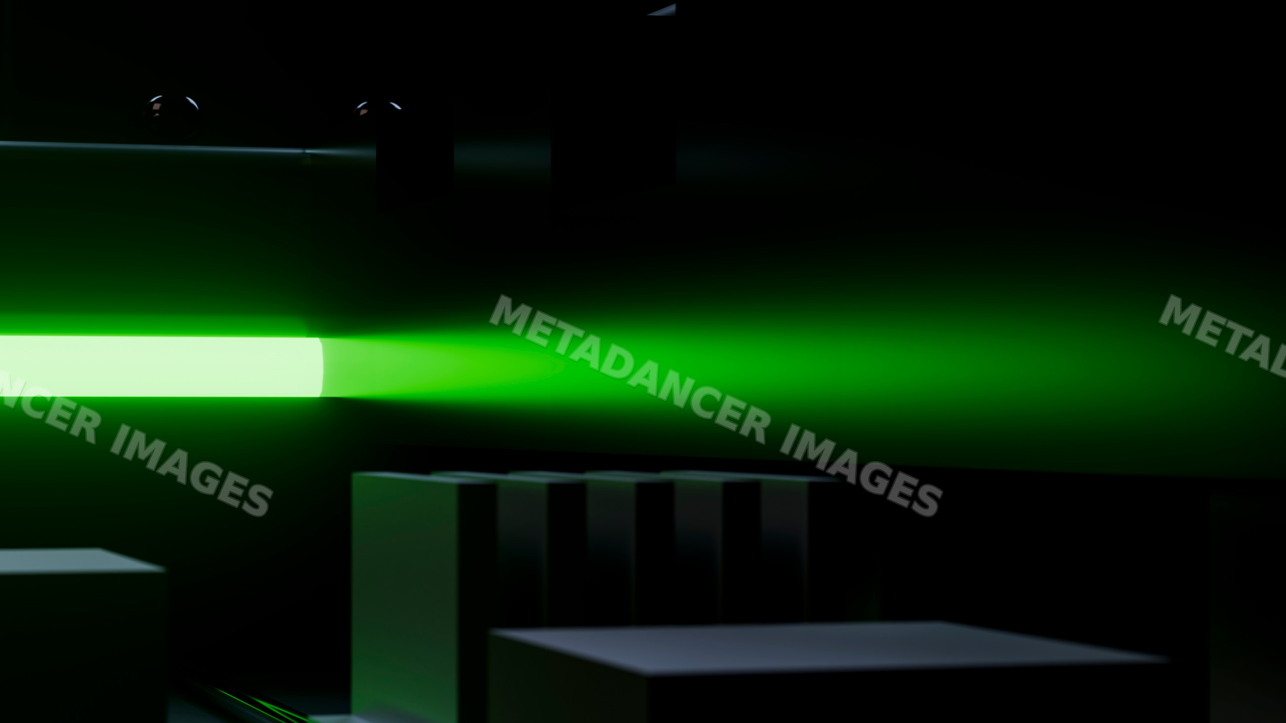 Green laser beam projecting in dark room