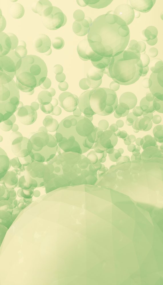 Digital artwork of floating translucent green spheres
