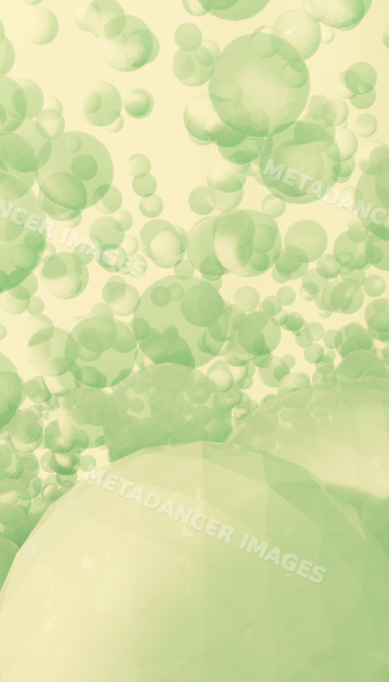 Digital artwork of floating translucent green spheres