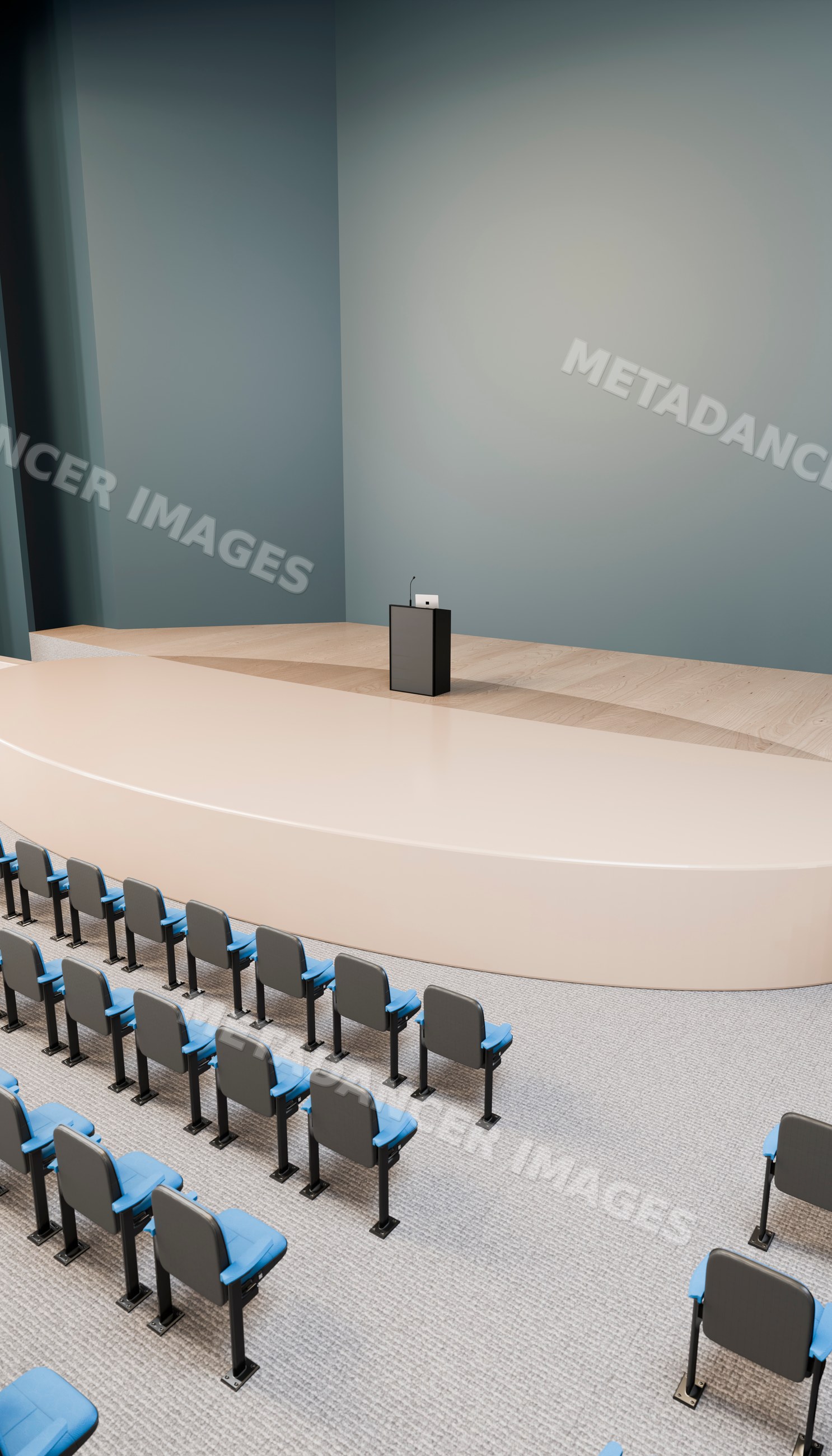 Conference stage with podium and microphone in empty lecture hall