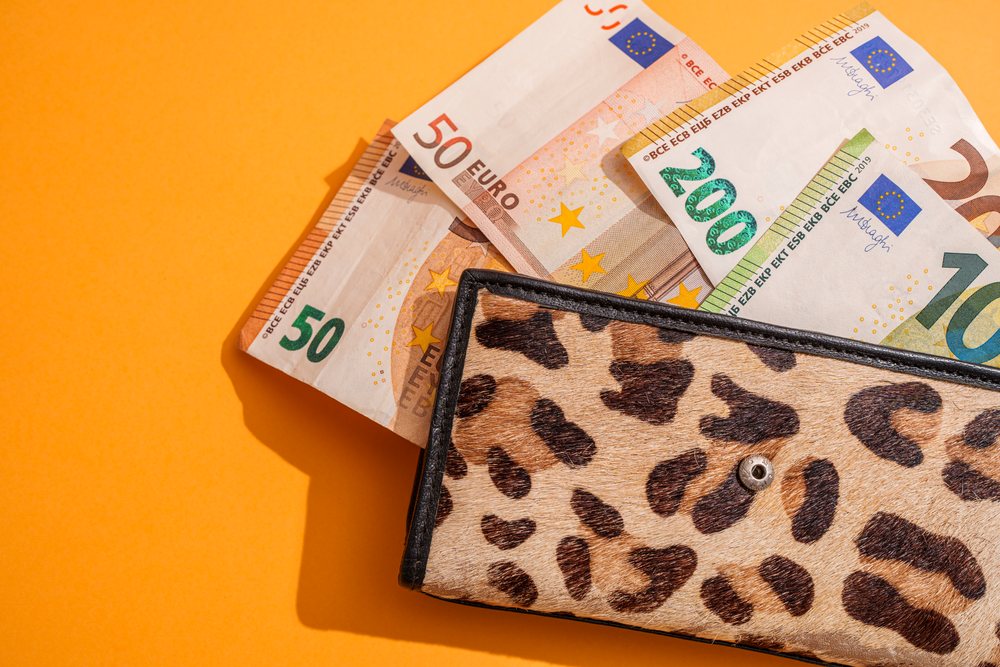 Leopard print wallet with euro banknotes on orange studio background