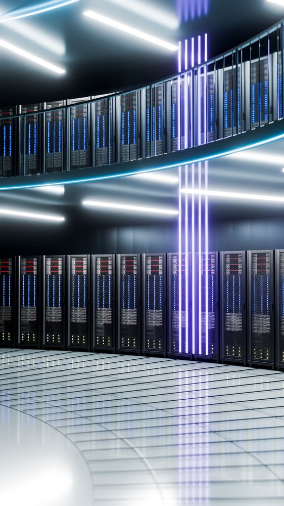 Modern data center server racks with blue leds and futuristic