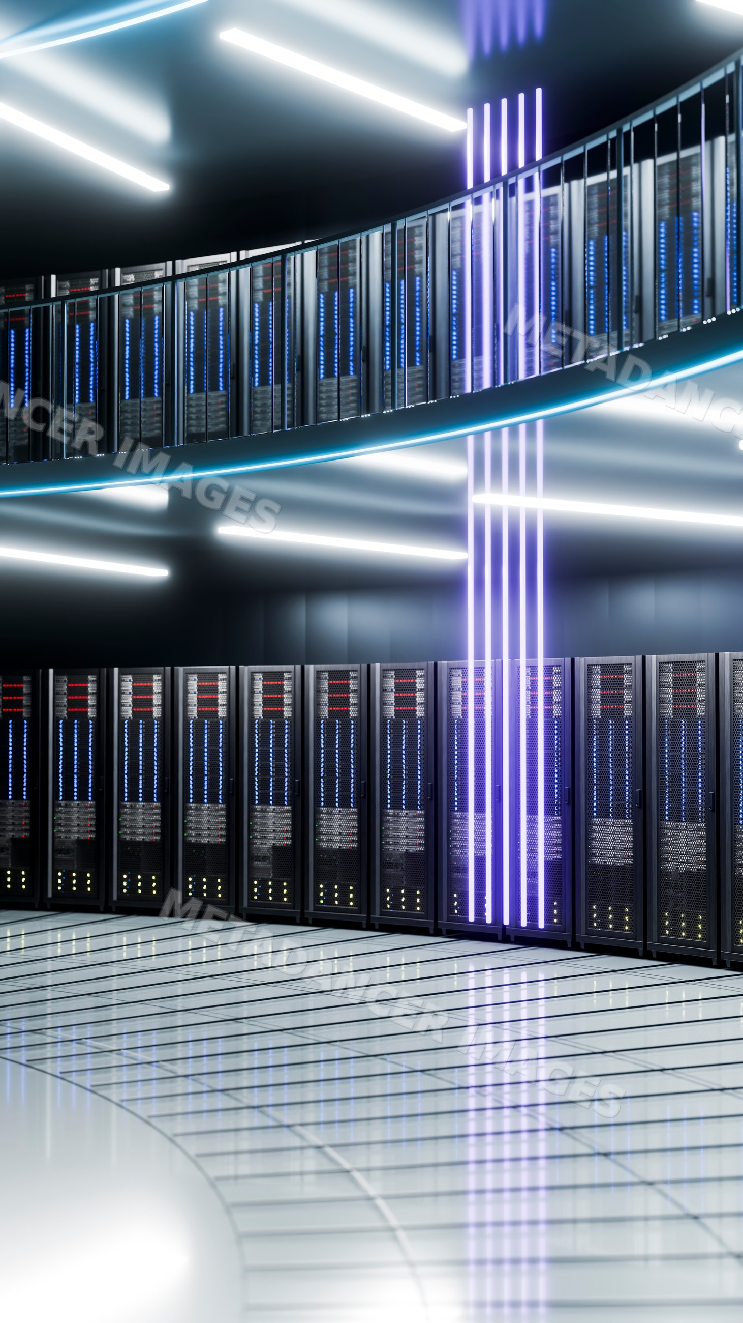 Modern data center server racks with blue leds and futuristic
