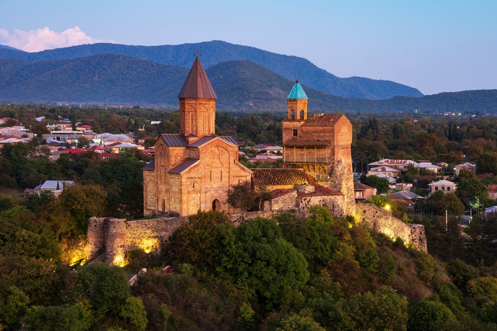 Gremi monastery illuminated at Dusk overlooking sighnaghi Georgia