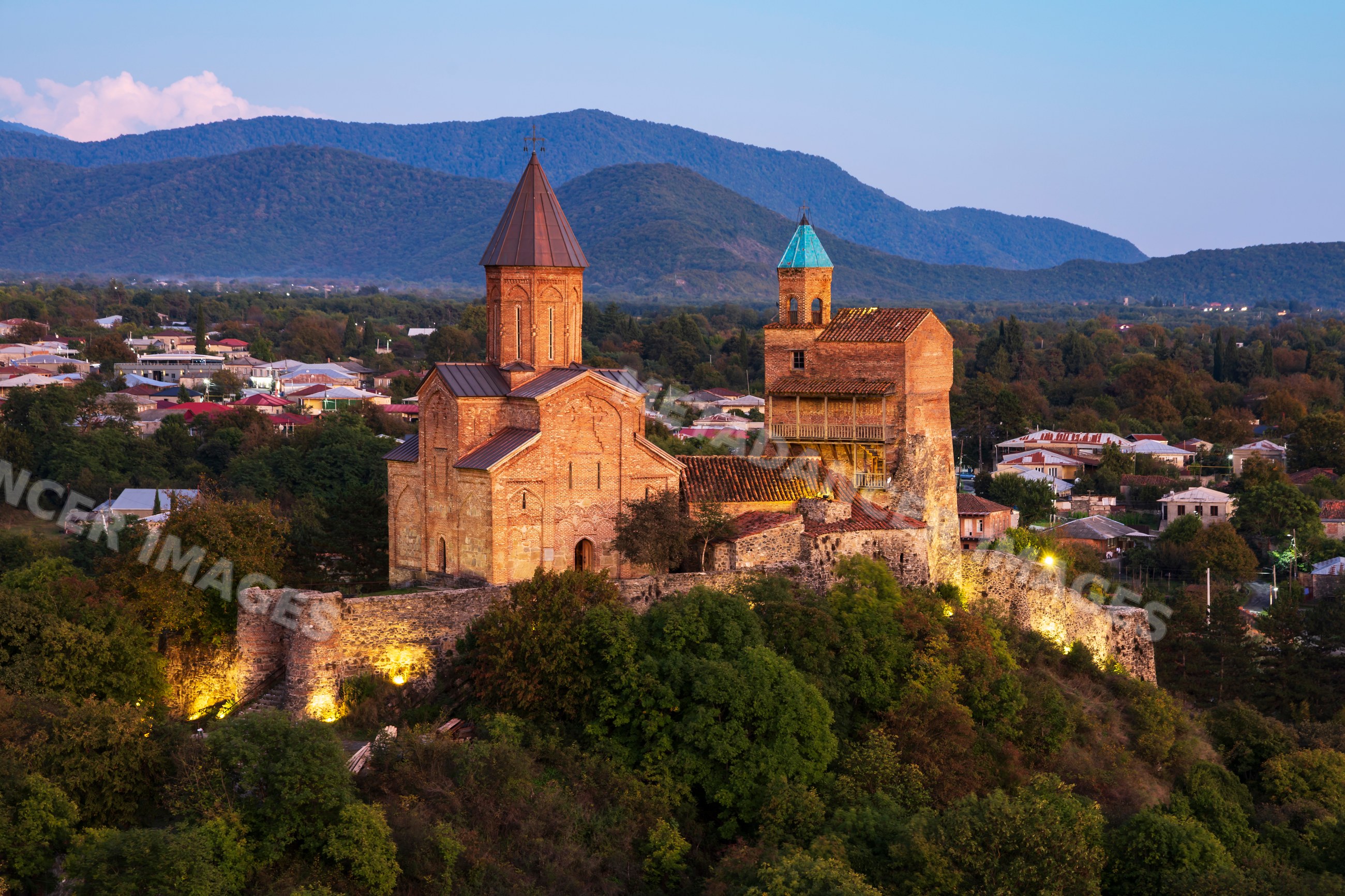 Gremi monastery illuminated at Dusk overlooking sighnaghi Georgia