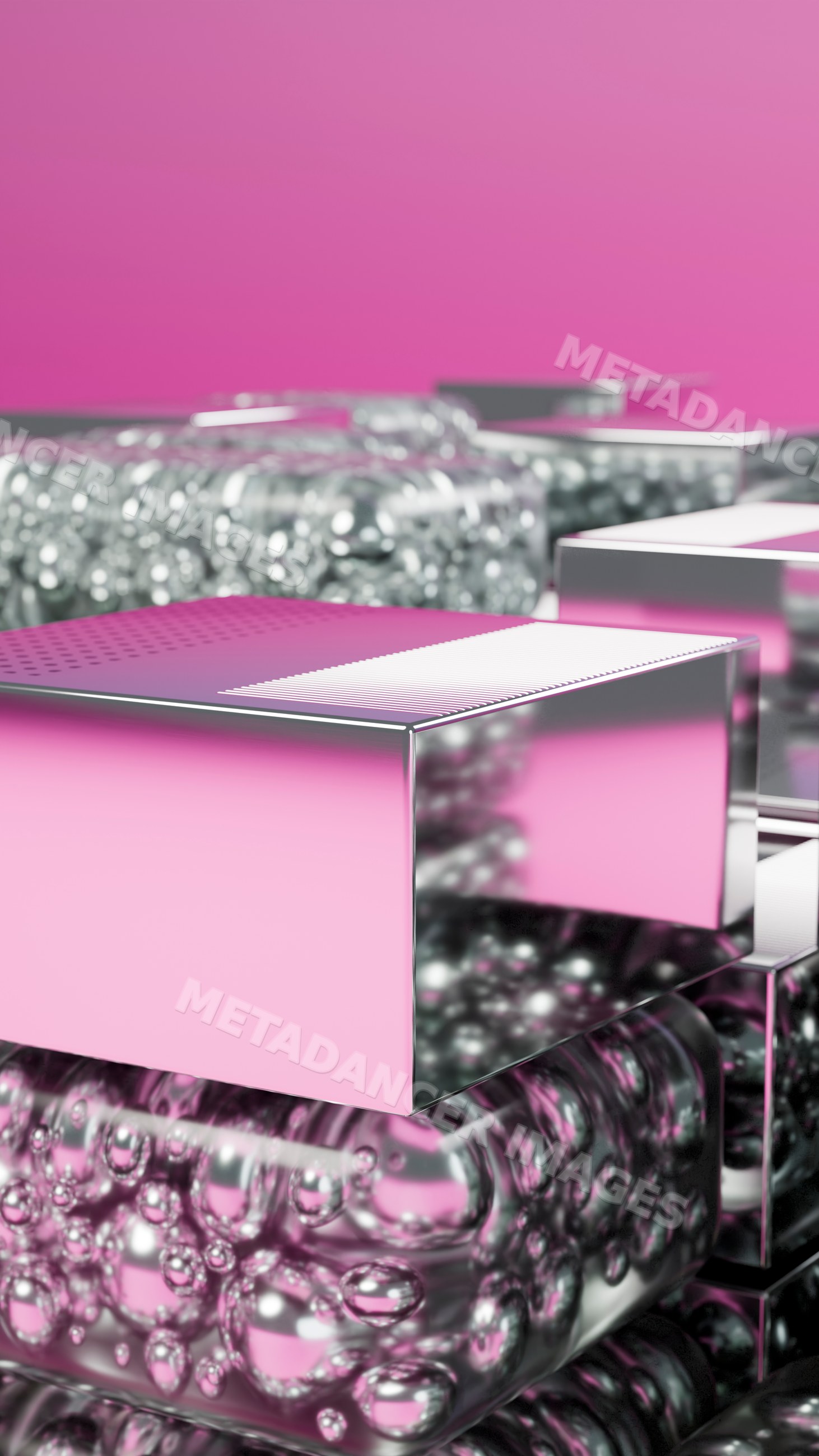 Reflective silver and transparent cubes with bubbles