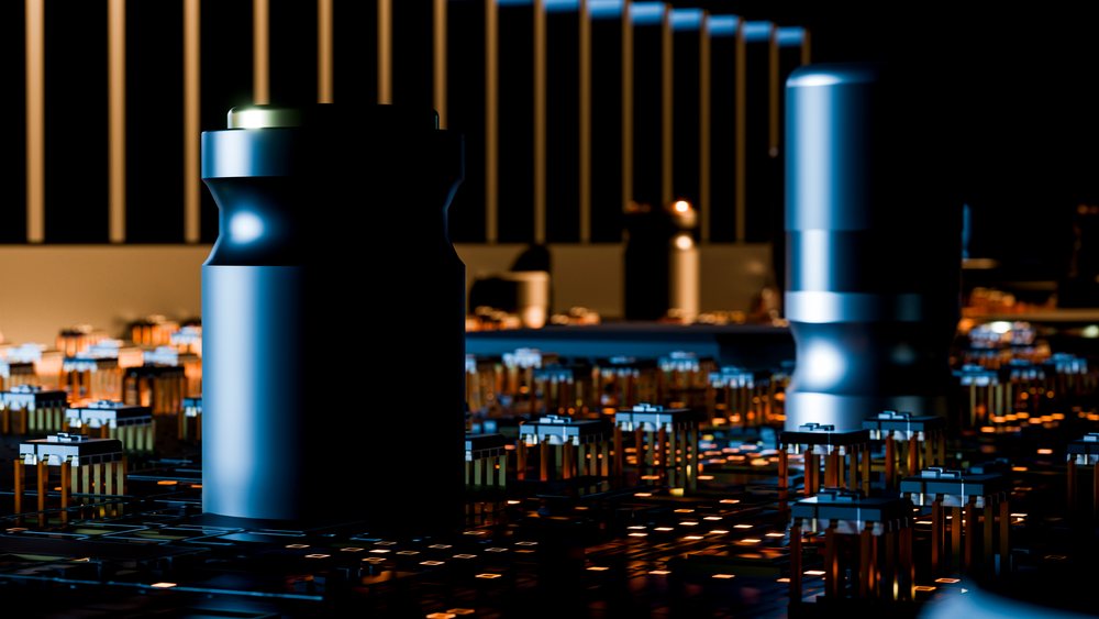 Close-up of capacitors and electronic components on a digital circuit