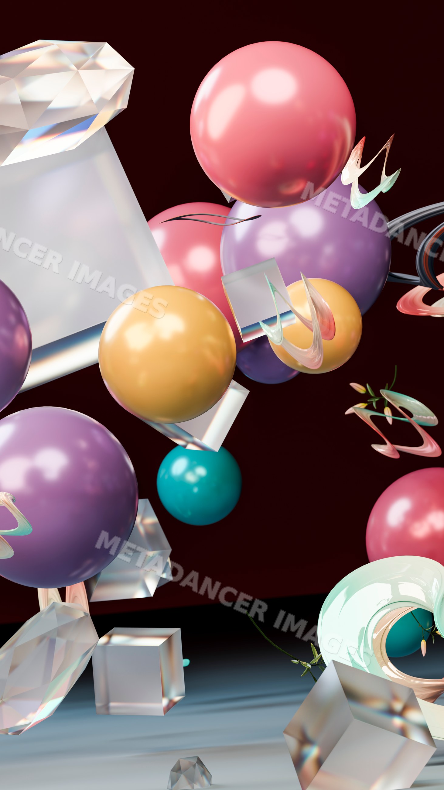 Floating colorful spheres and transparent geometric shapes