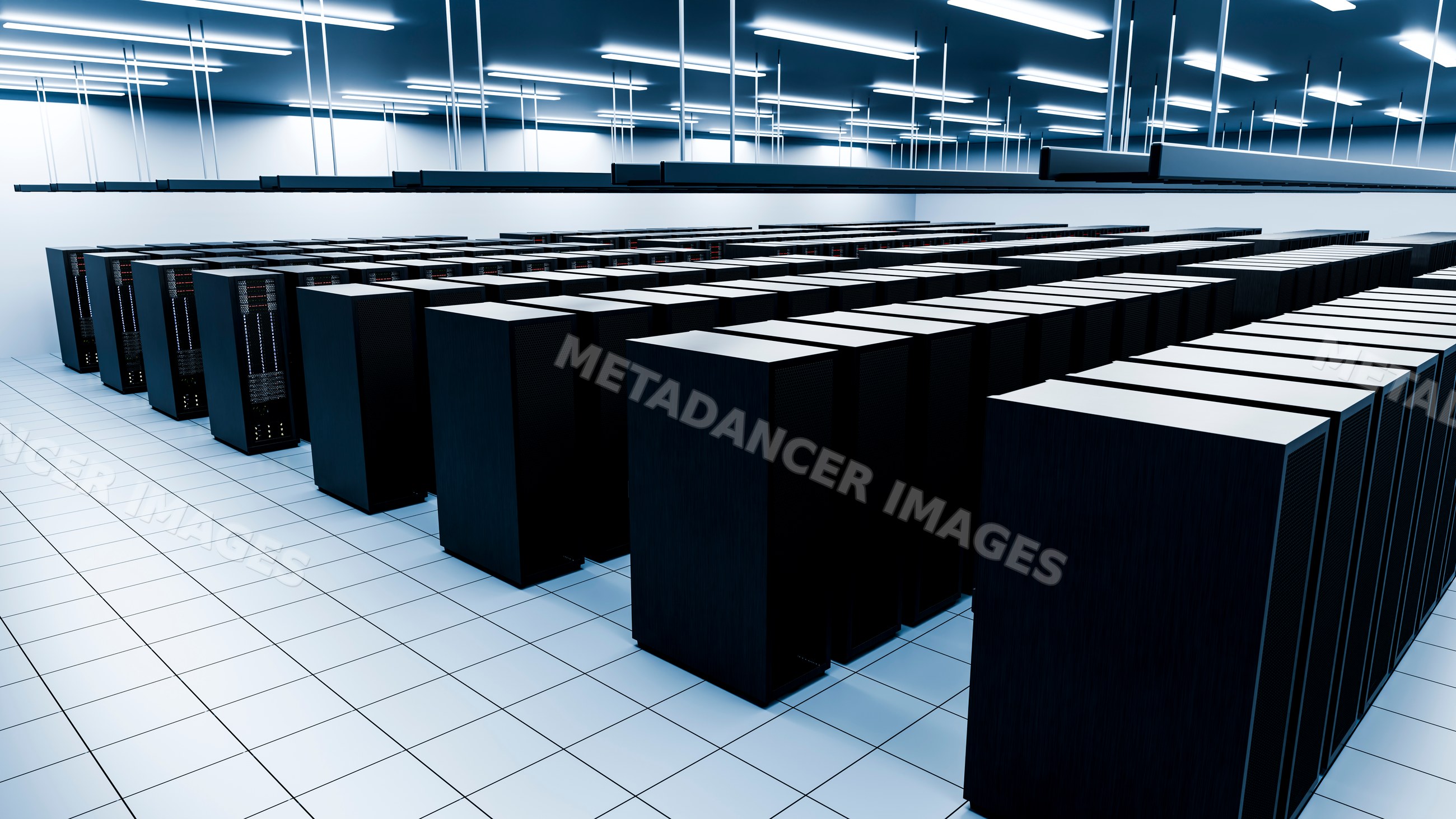 Data center room with rows of server racks and network equipment