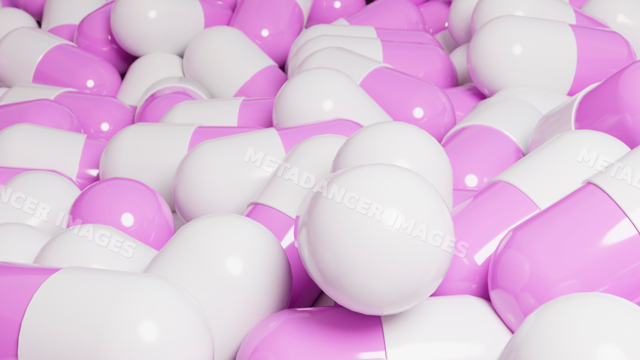 Pink and white pharmaceutical capsules pile closeup