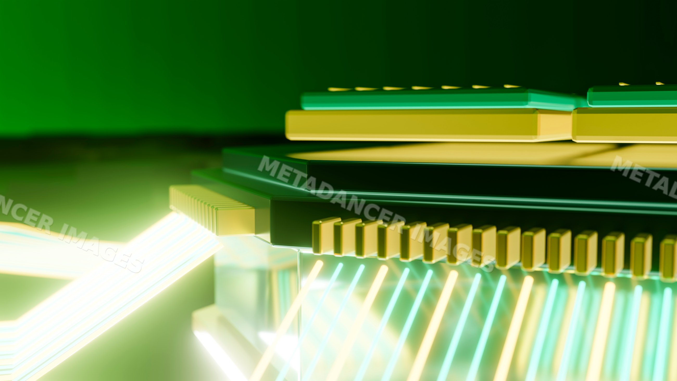 Computer chip with glowing lights showing digital data transfer