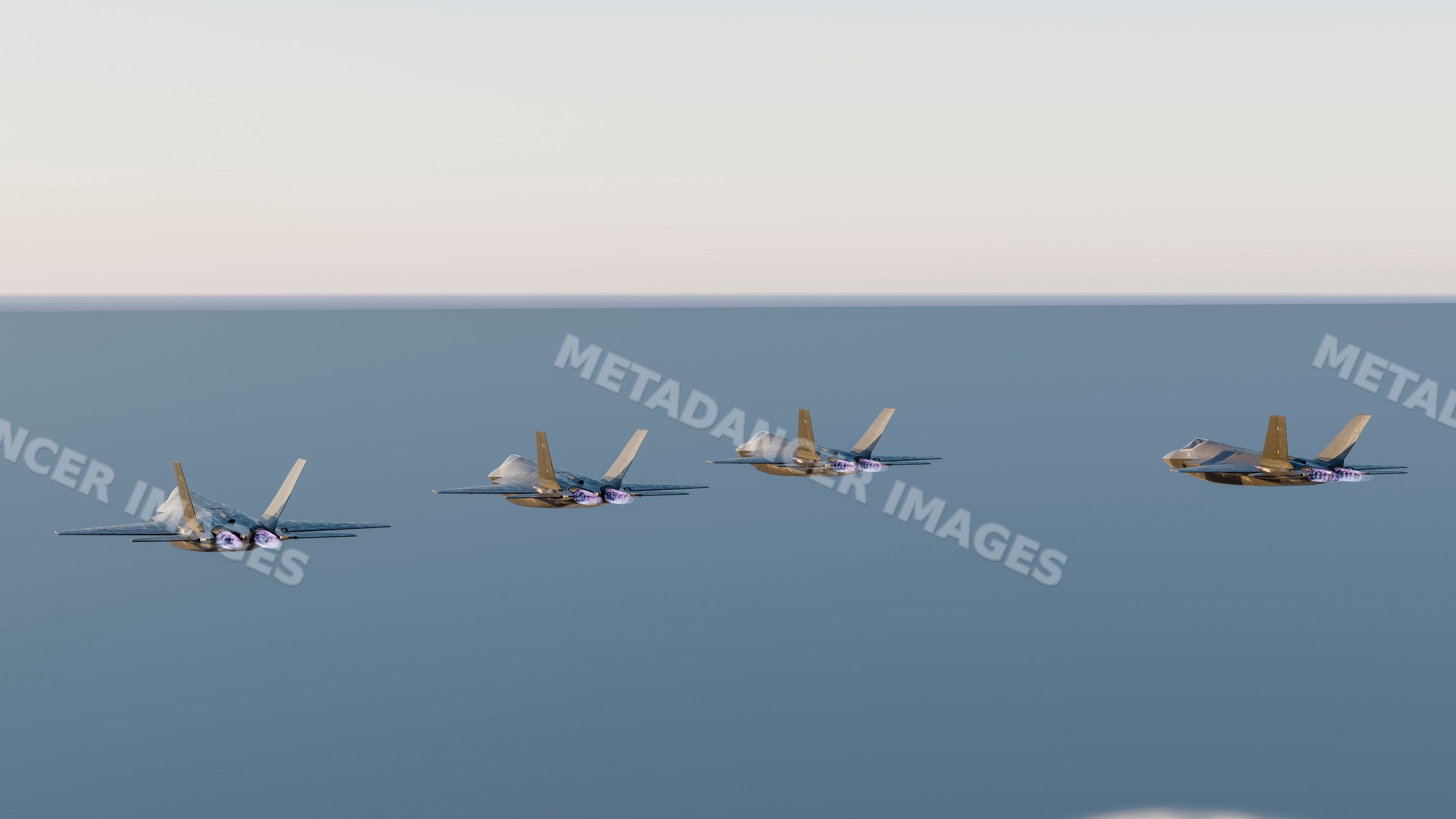 Four fighter jets flying in formation with afterburners