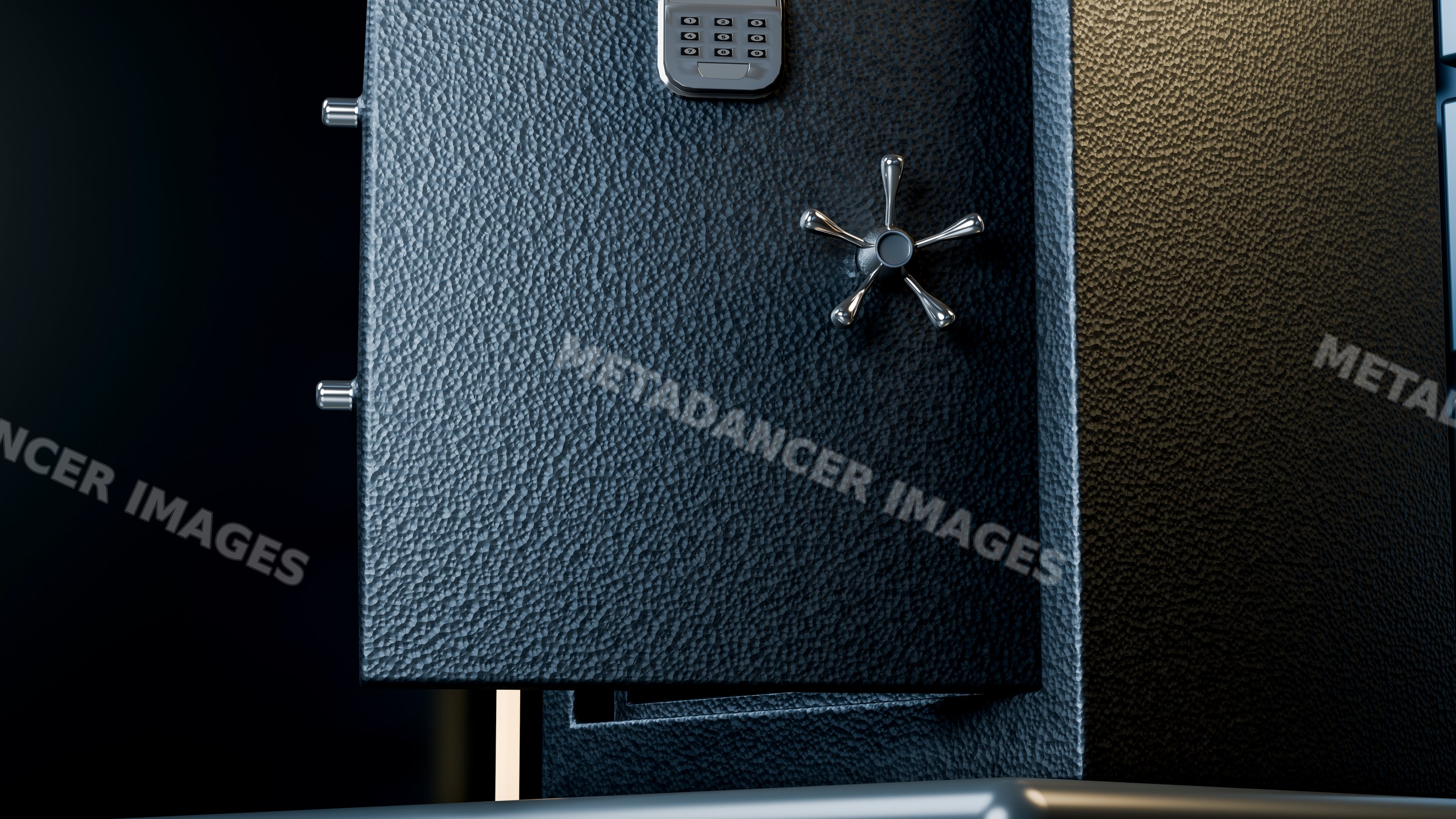 Metal safe with open door and combination lock