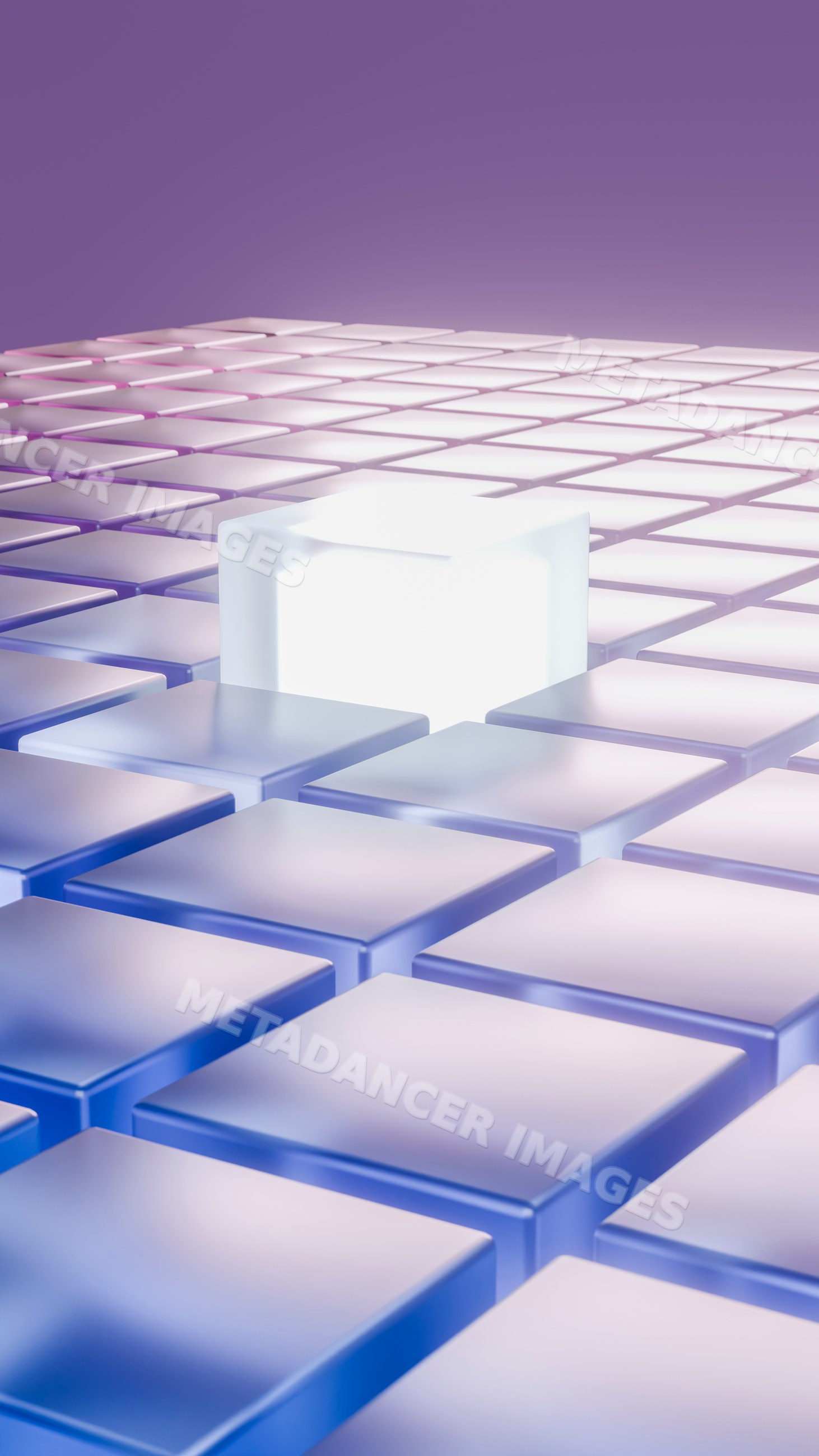 Glowing cube in abstract 3d digital art with purple and blue tiles