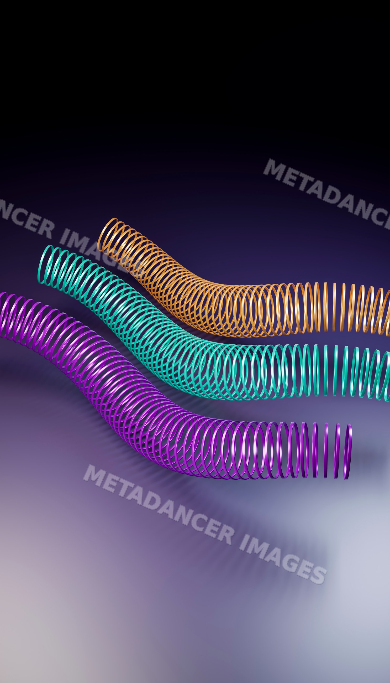Curved colorful coil spring toy trio against gradient background