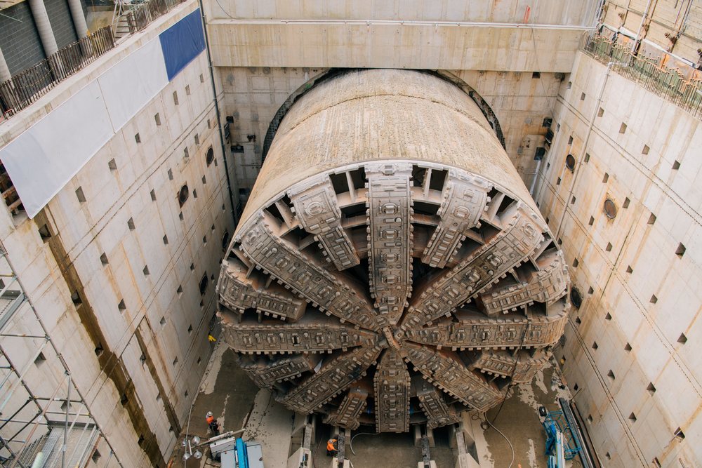 Tunnel boring machine at work inside a vertical construction shaft