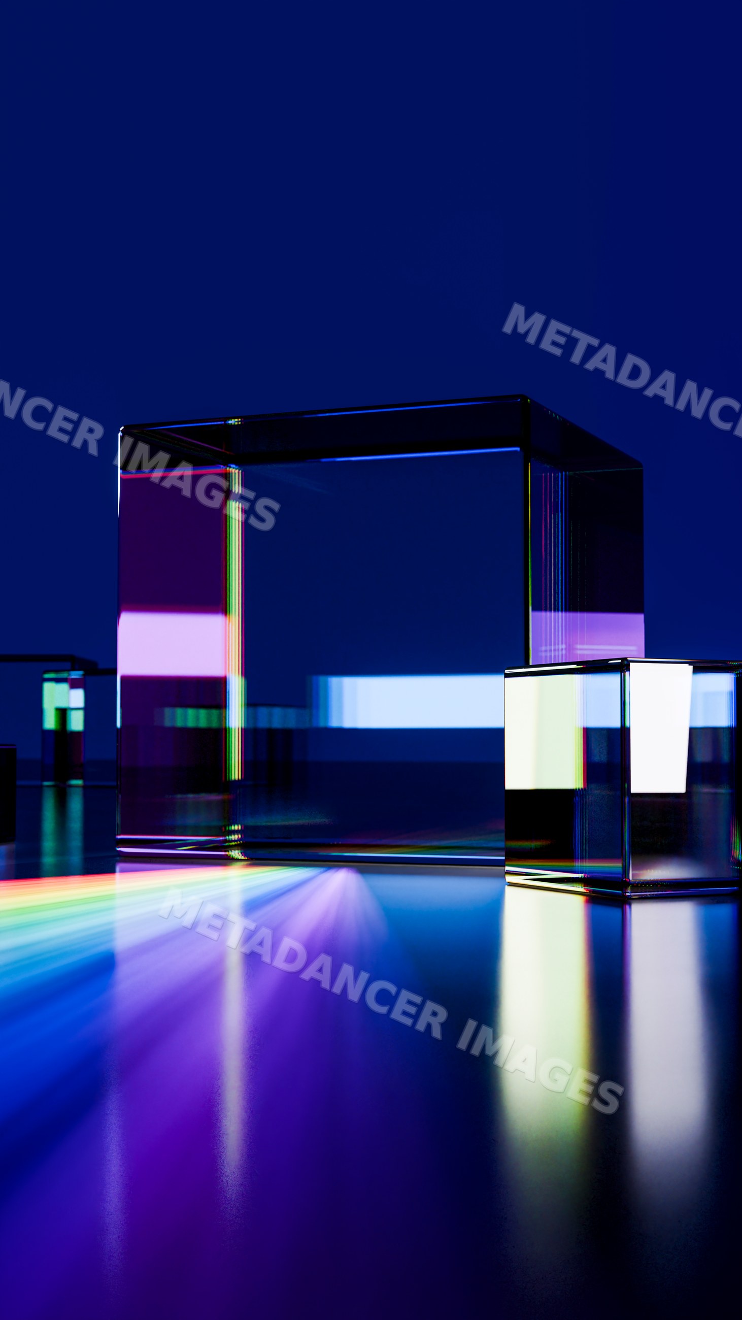 Glass cubes refracting colorful prism light on reflective surface