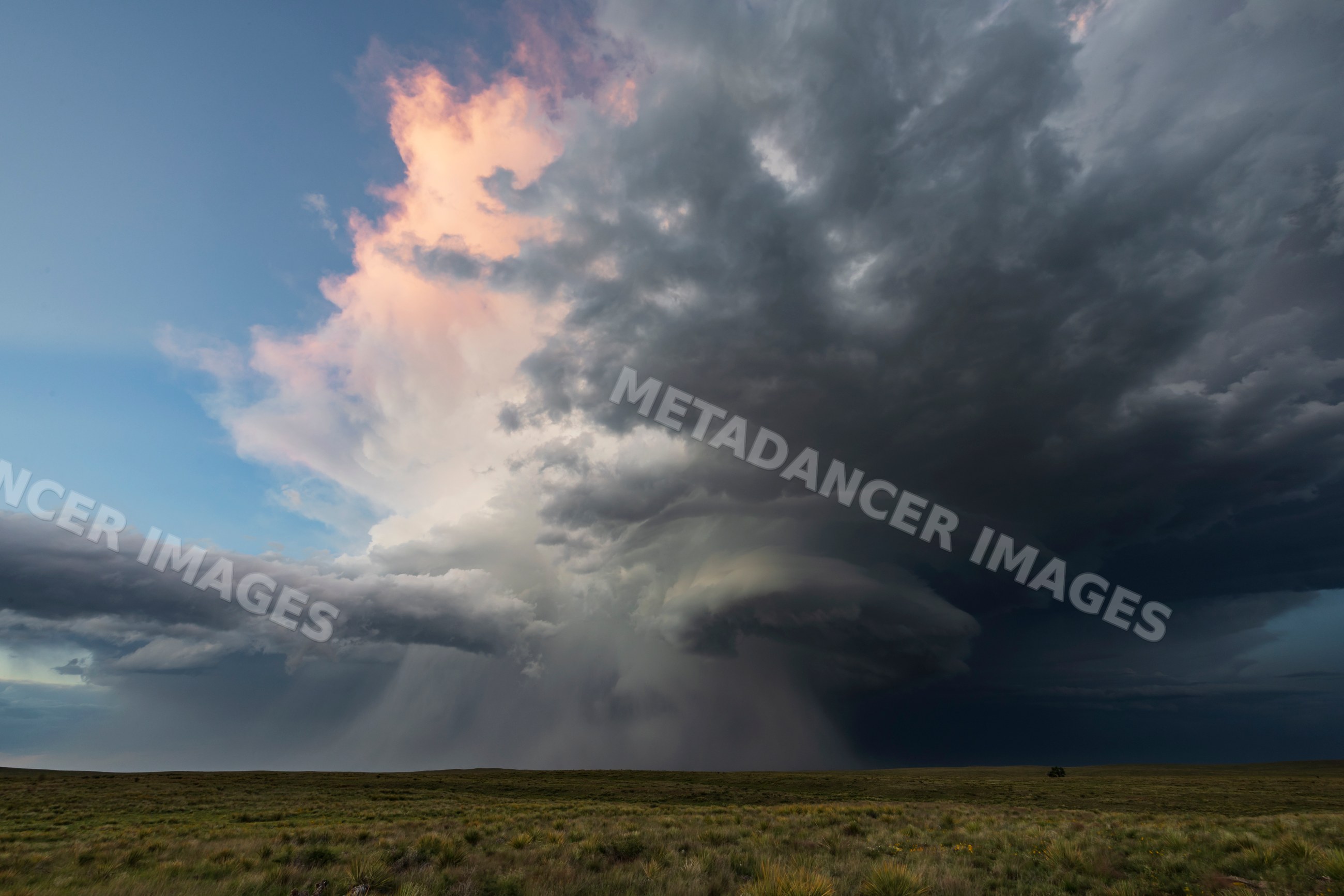 Supercell thunderstorm with rain over grassland