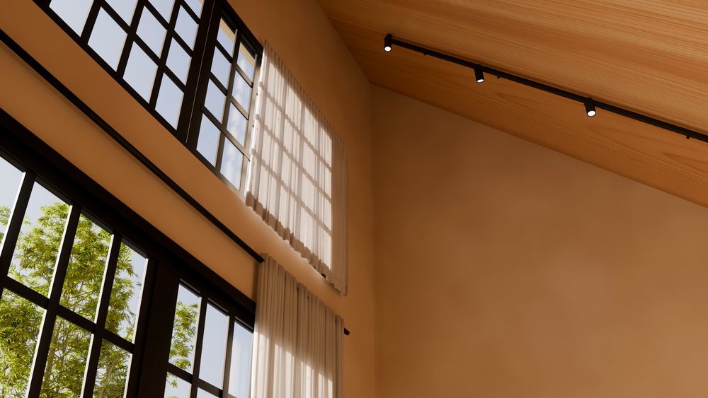 Indoor potted plants near large windows with wooden ceiling and sheer