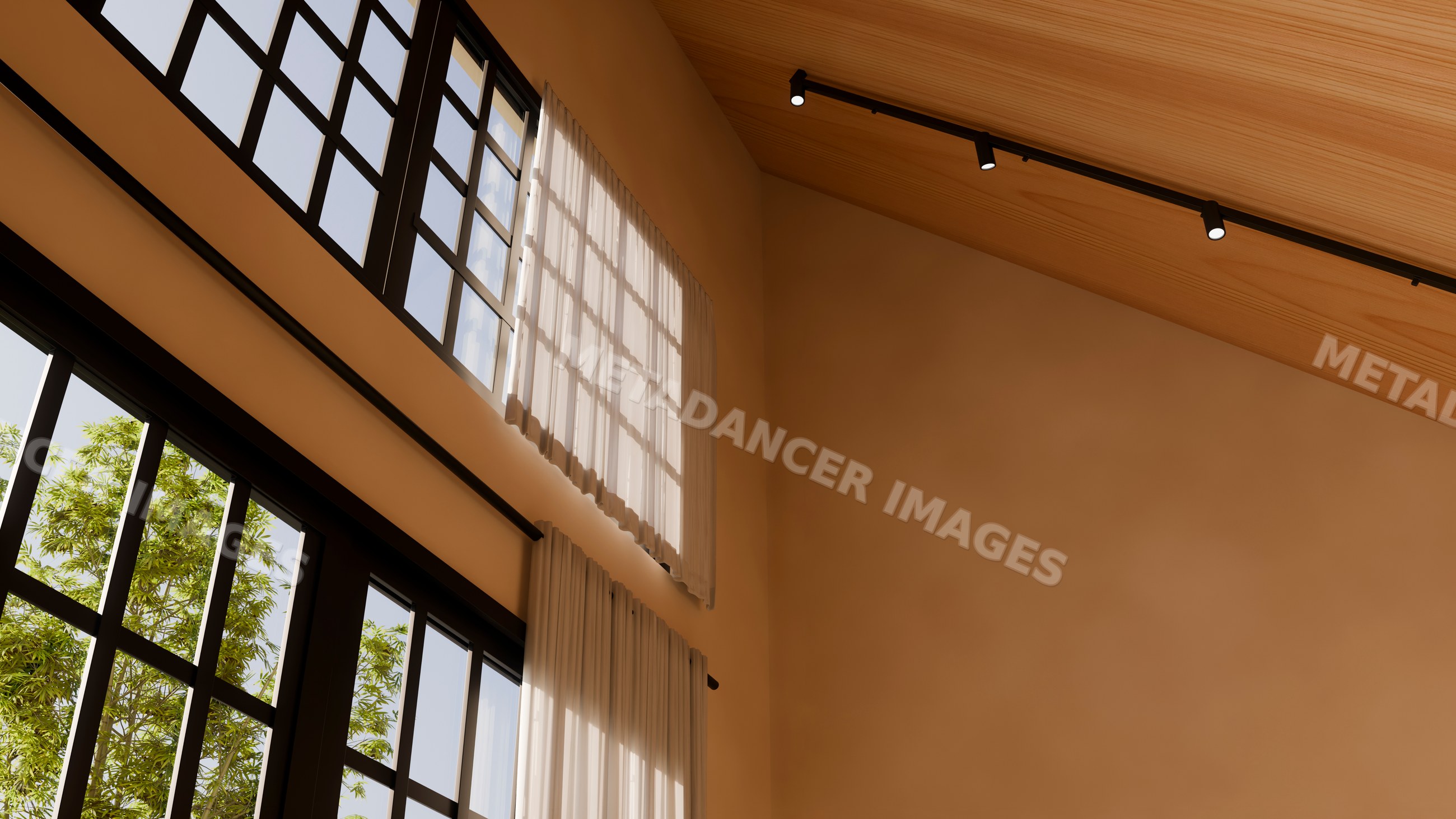 Indoor potted plants near large windows with wooden ceiling and sheer