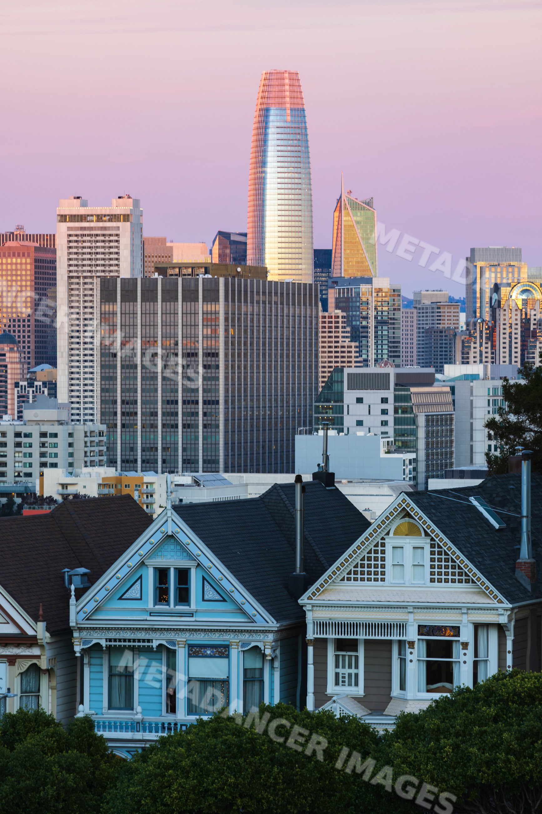 San Francisco Skyline with Painted Ladies victorian houses at sunset